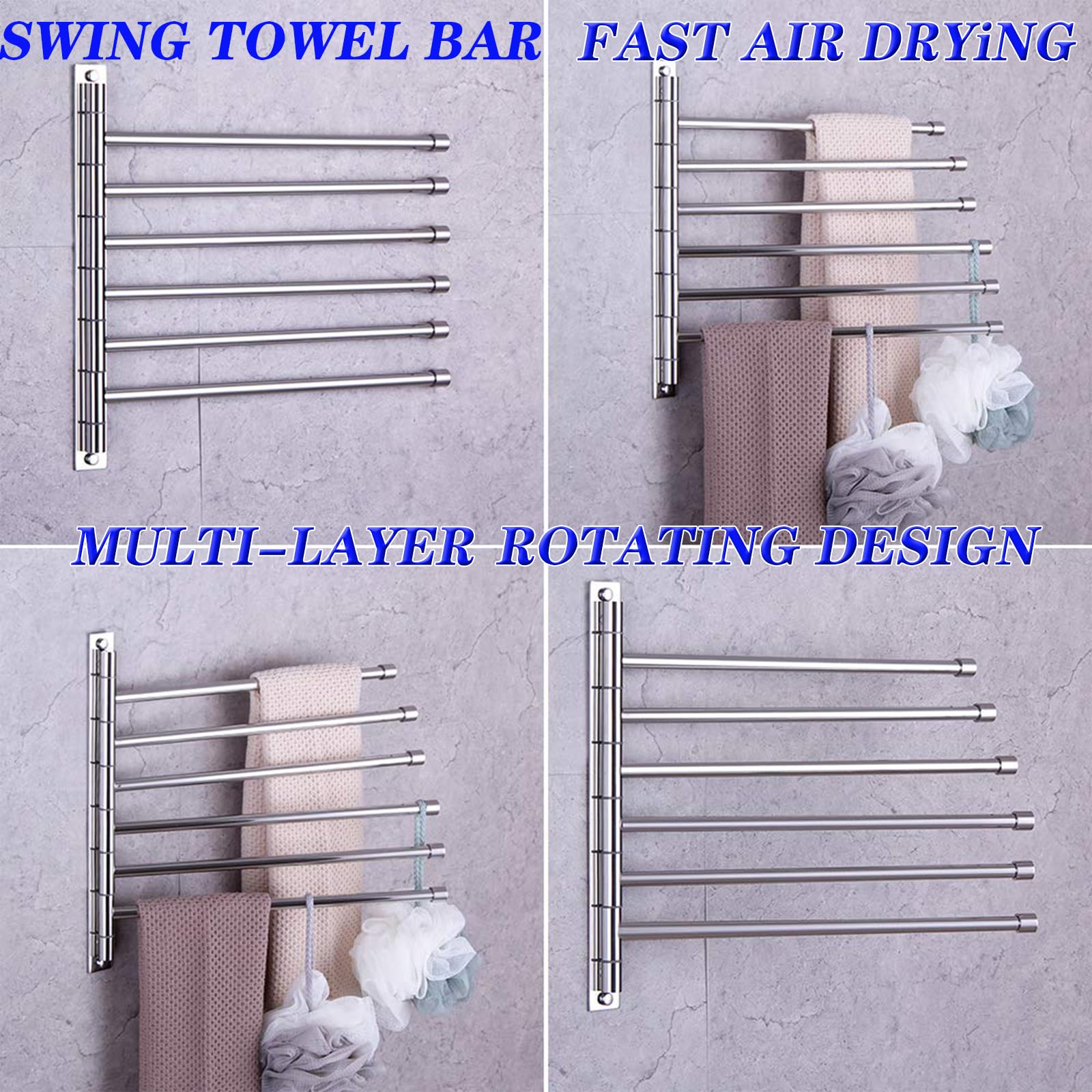 GERZWY Bathroom Swing Arm Towel Bars Wall Mount Bath Towel Rack with 6 Arms Hanger Towel Holder Organizer Polished Stainless Steel