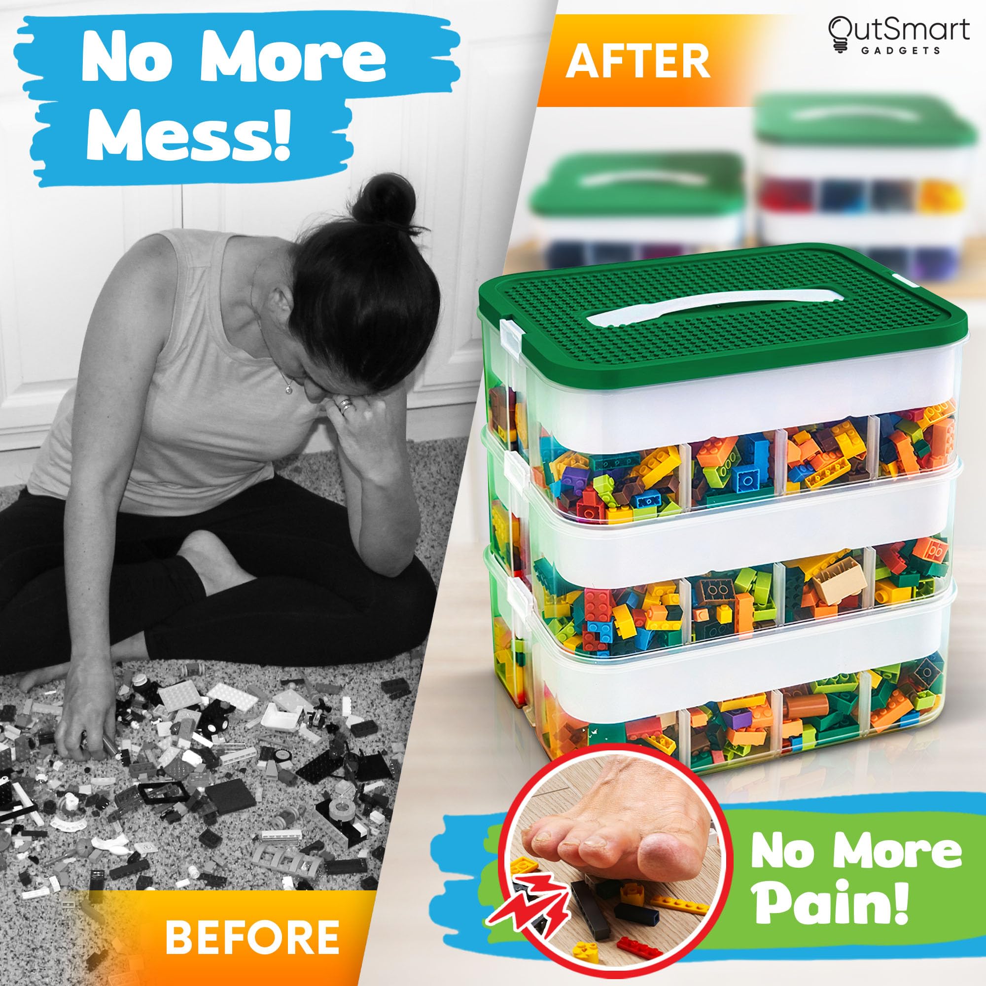 Outsmart Gadgets Plastic Stackable Toy Storage Organizer Bin For Lego, Building Bricks, Dolls And Crafts Organization, 3 Layers