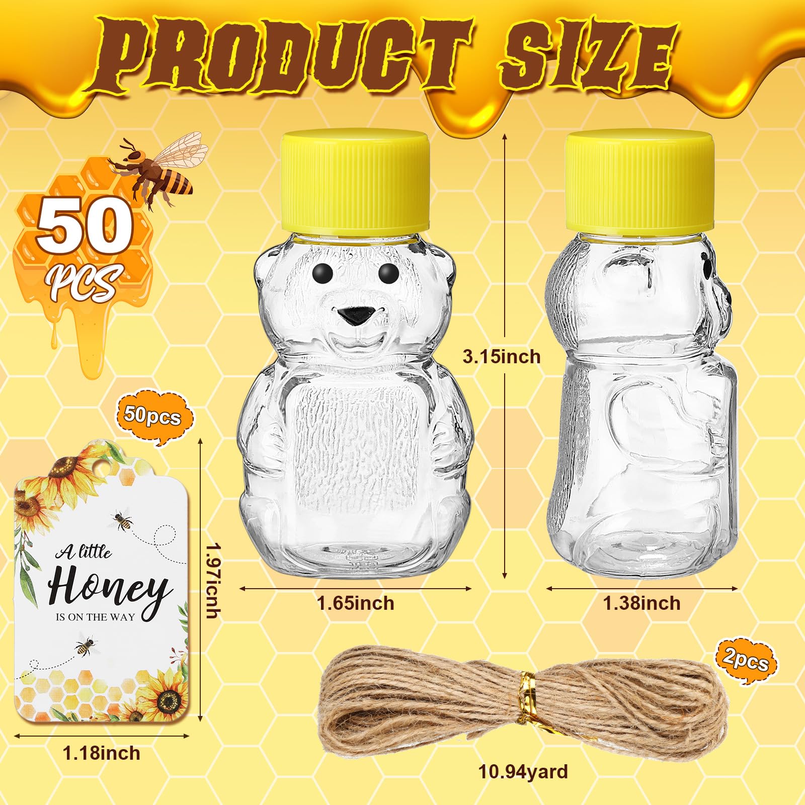 Foldtier 50 Sets 2Oz Plastic Honey Bear Bottle Gifts 50 Bear Shape Clear Empty Honey Jar With Screw Yellow Lid 50 Tags 2 Rolls J