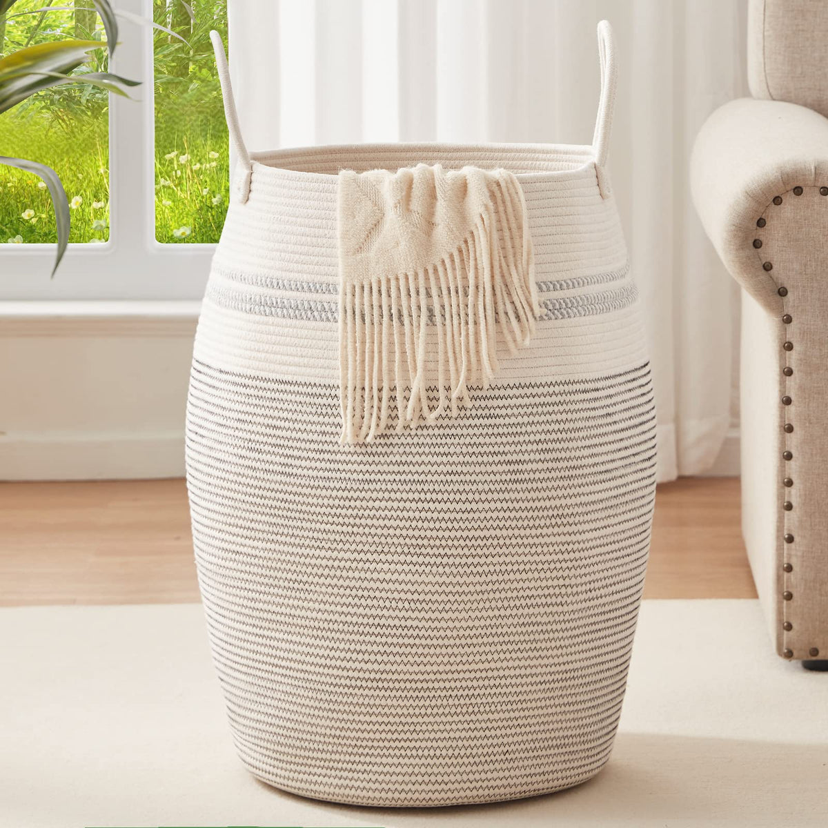 Oiahomy Laundry Hamper Woven Cotton Rope Large Clothes Hamper 25.6 '' Height Tall Laundry Basket With Extended Cotton Handles Fo
