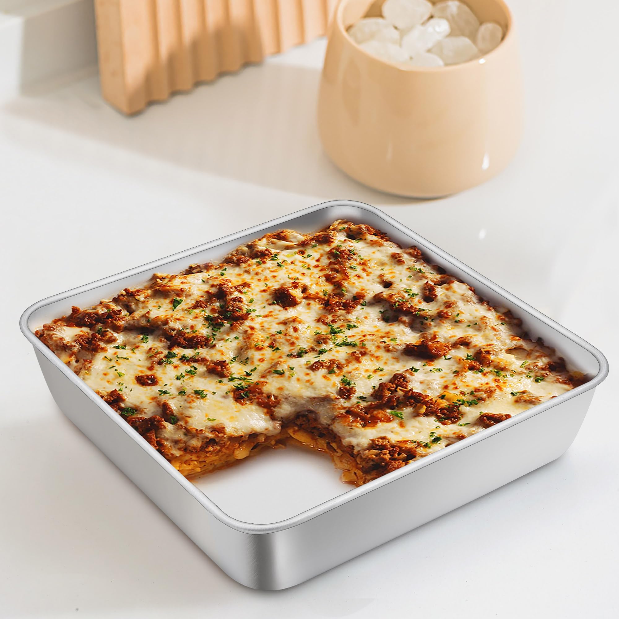 Teamfar Square Cake Pan, 9 Inch Stainless Steel Square Baking Roasting Pan For Cake Brownie Lasagna, Non-Toxic & Heavy Duty, One