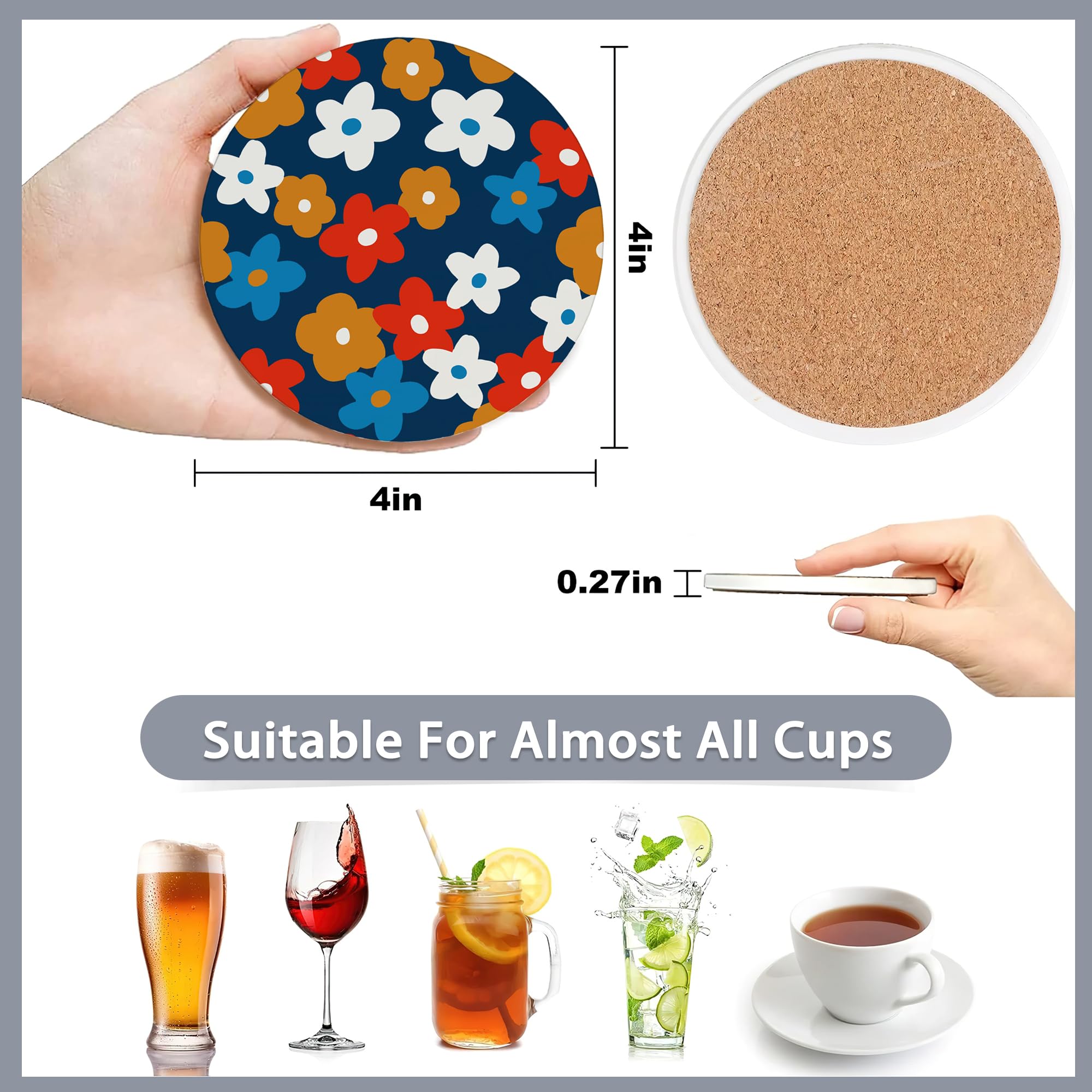 Drink Coasters Set Of 6 With Holder,Vintage Flowers,Floral Pink Blue Green Purple Absorbent Ceramic Coasters With Cork Base,Fit