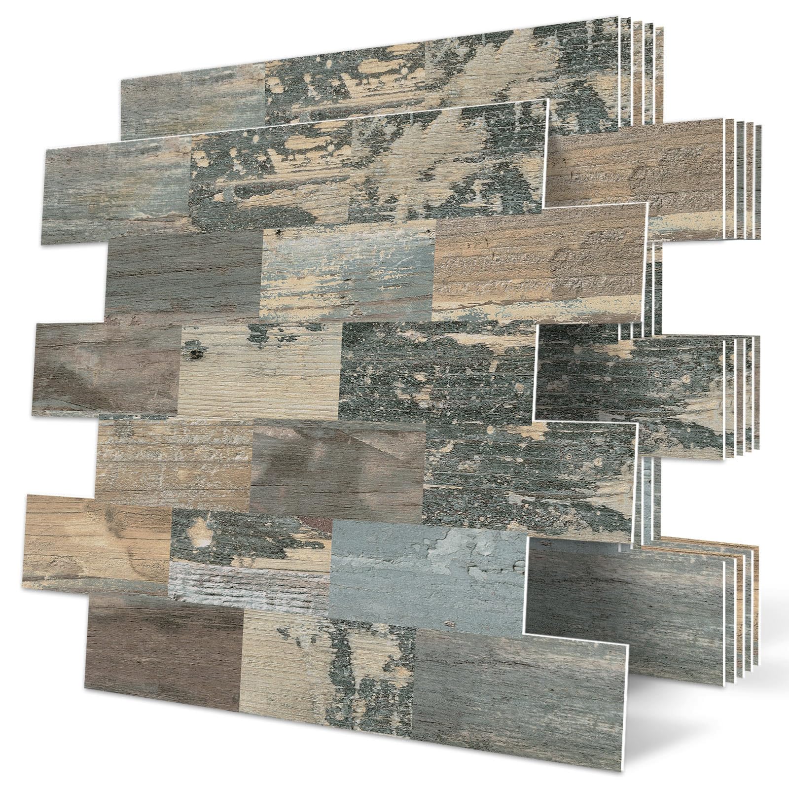 DEWOO 20-Sheet DEWOO Peel and Stick Self Adhesive Wall Tiles Kitchen Backsplash Distressed Wood Look,Vintage Old Fashion (13.5 x