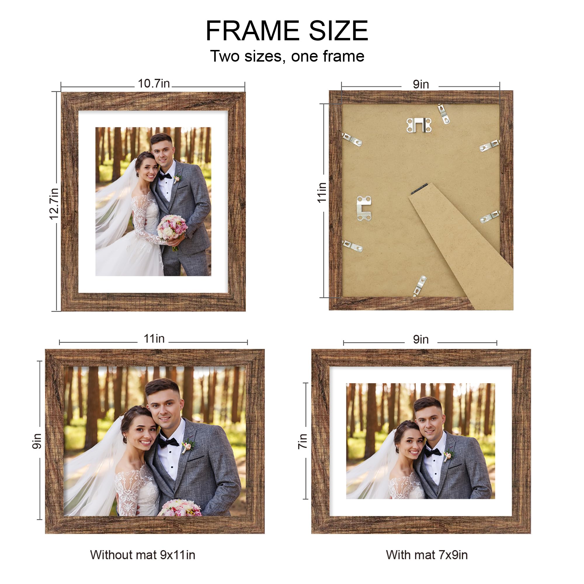 Hongkee 9x11 Picture Frame Set of 4, Made of Real Glass and Rustic Brown Frame - Display Picture 7x9 with Mat or 9x11 Without Ma