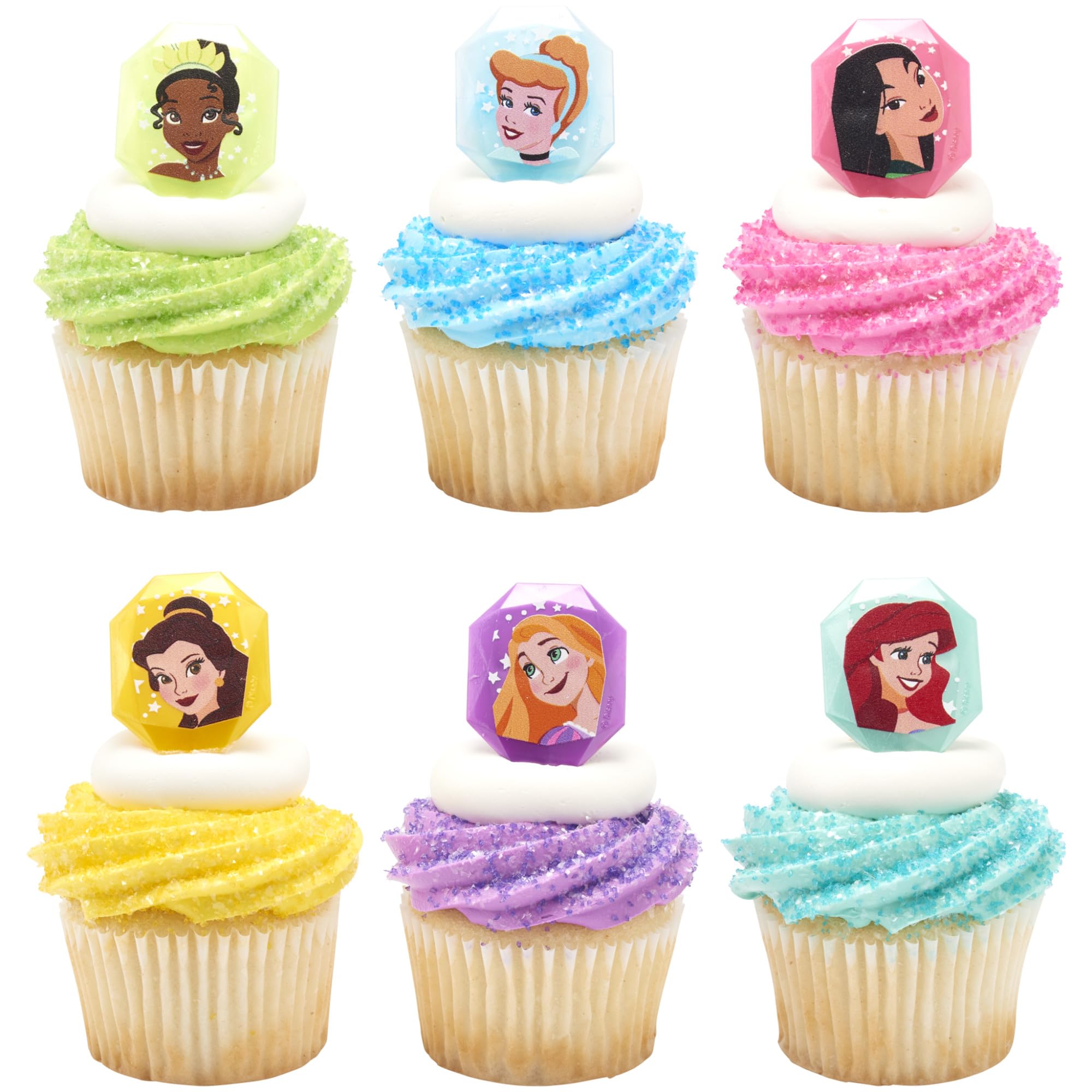DecoPac Disney Princess Gemstone Rings  Cupcake Decorations Featuring Mulan  Cinderella  Tiana  Belle  Rapunzel and Ariel  Multicolored 3D Food Safe Cake Toppers - 24 Pack