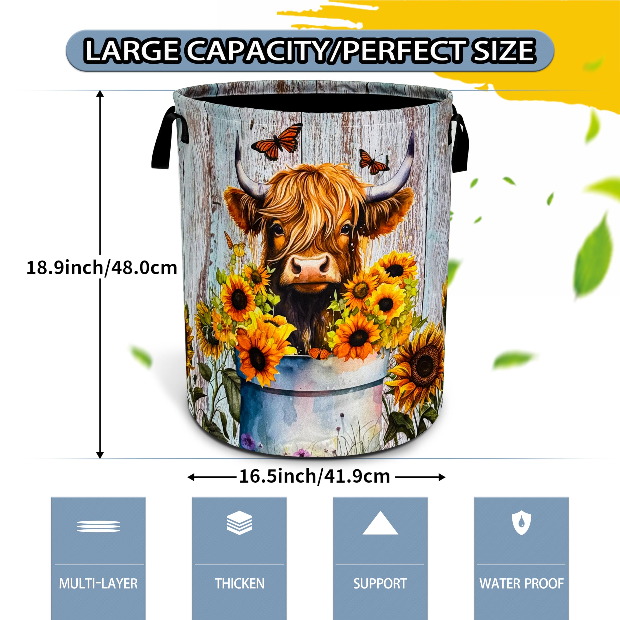 Nutainla Highland Cow Sunflower Laundry Basket Animal Foldable Oxford Cloth Funny Tote Bag Laundry Hamper Clothes Storage Bucket