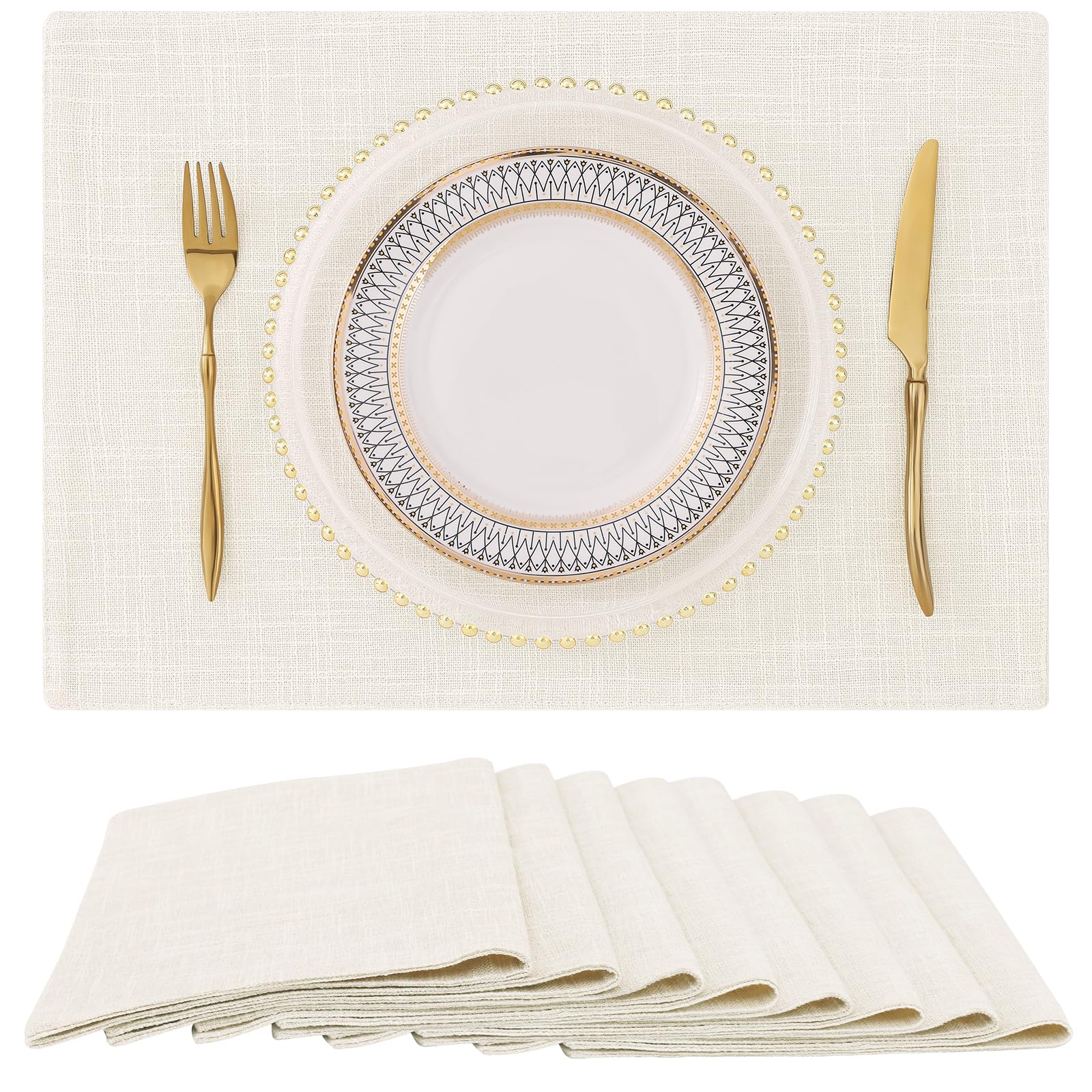Homing Cream Cloth Placemats Set Of 8 - Cotton Linen Blend Washable Farmhouse Dining Table Mats For Indoors & Outdoors, Easy To