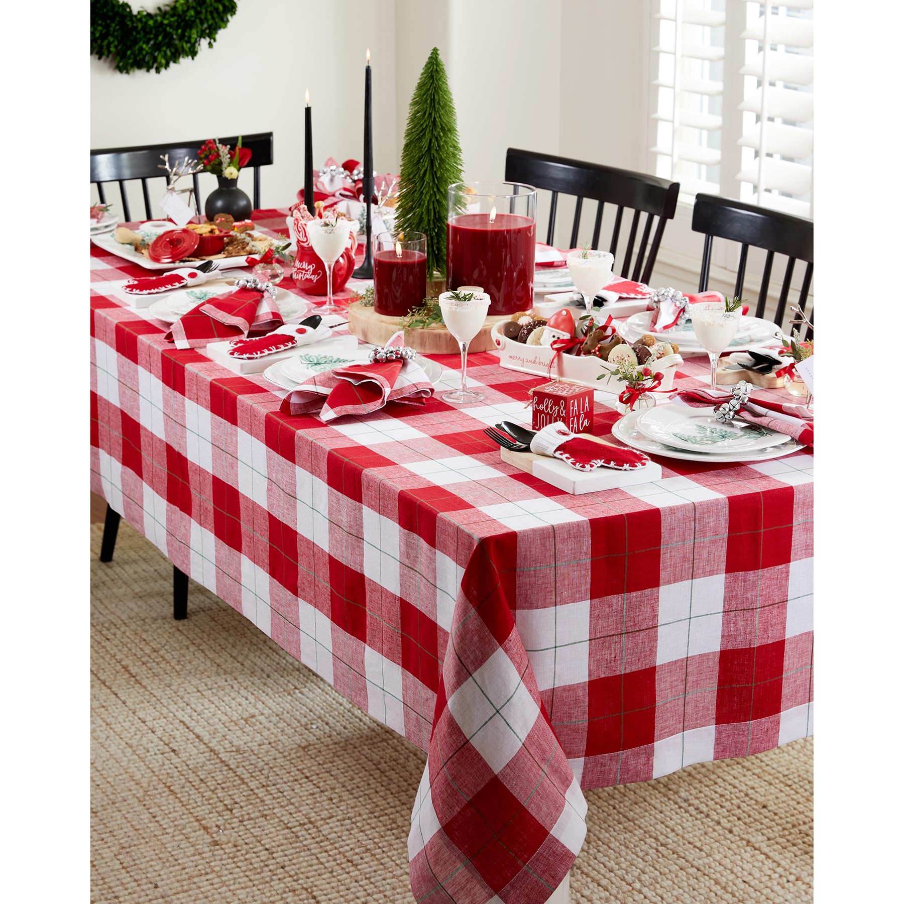 Solino Home Tablecloth 120'' L X 60'' W Inch - 100% Pure Linen Very Merry Plaid Tablecloth - Handcrafted And Machine Washable Fa
