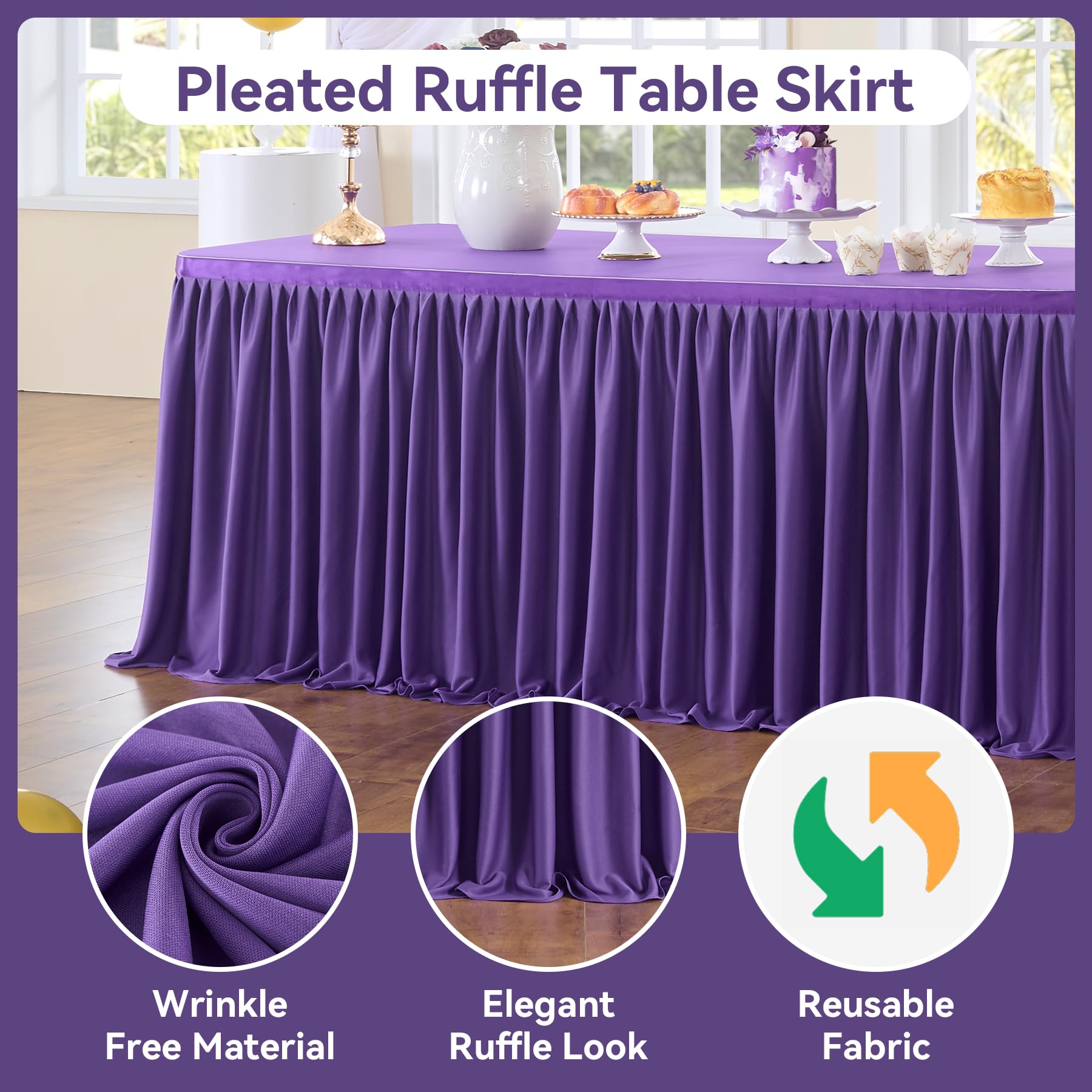 Leegleri 14 Ft Purple Polyester Pleated Table Skirt For Rectangle Table,Ruffle Tutu Table Cloth For Baby Shower Wedding,Birthday