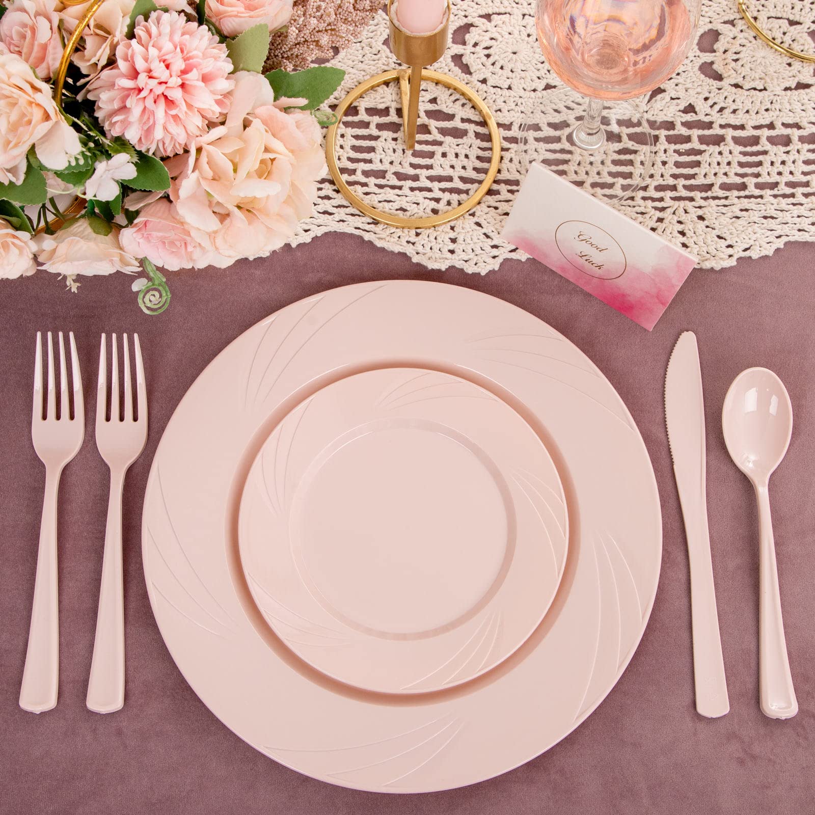 Youbet 125Pcs Pink Plastic Plates - Pink Birthday Plastic Plates Include 25 Dinner Plates 25 Dessert Plates 75 Silverware Baby S
