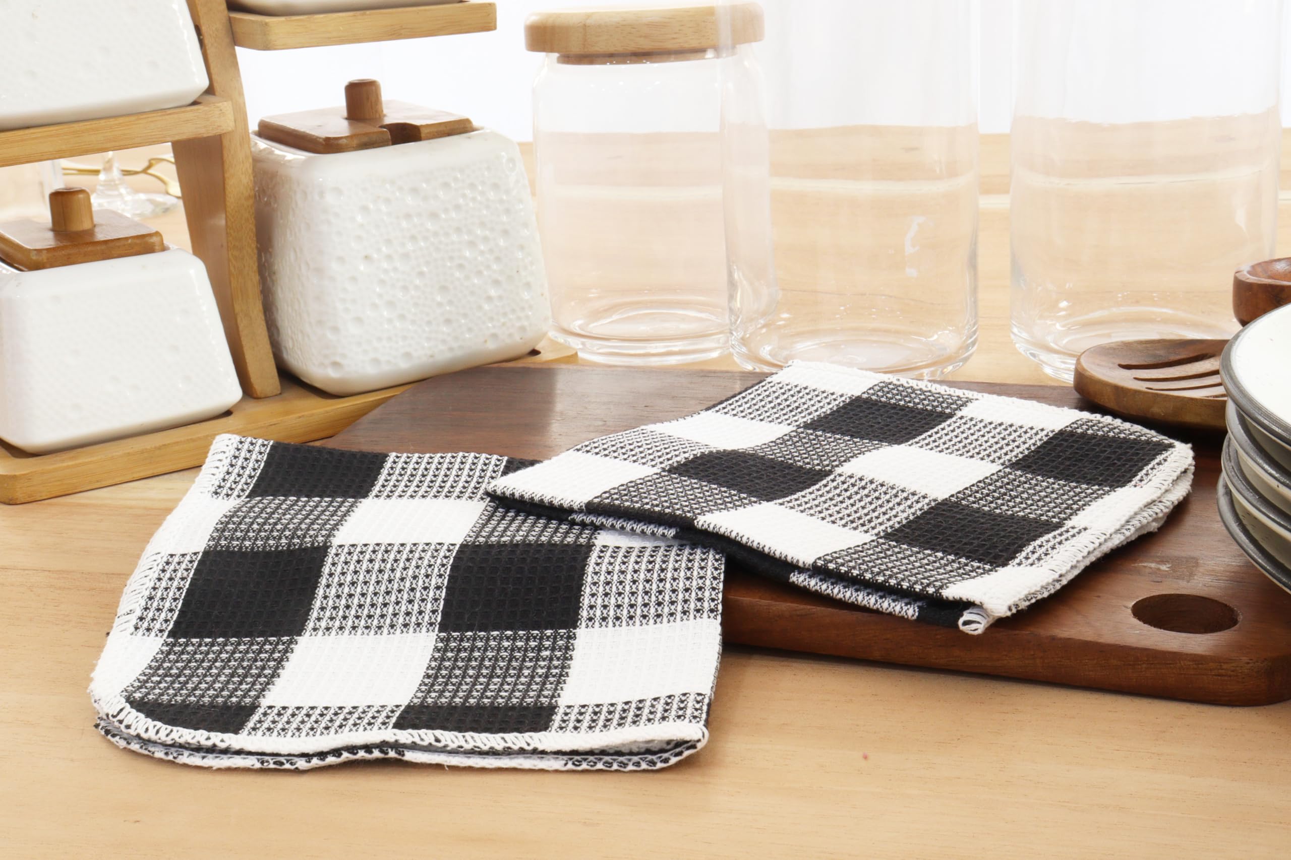 PurpleEssences Waffle Weave Plaid Dish Cloths, 100% Cotton - 12x12 Inches, Soft Absorbent Quick Drying Buffalo Check Dish Rags f