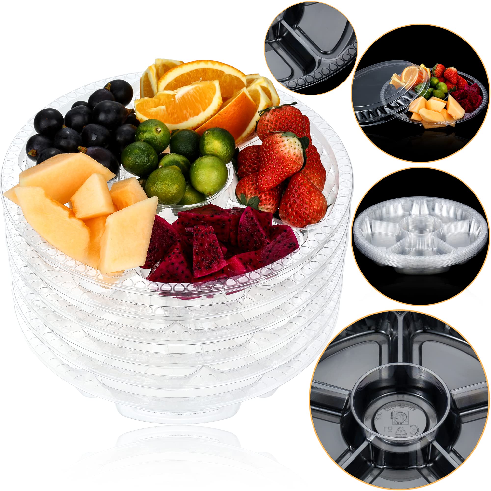 12 Pack Round Plastic Veggie Tray With Lid Fruit Tray 6 Divided Compartment Container Food Serving Dip Platter Reusable Catering