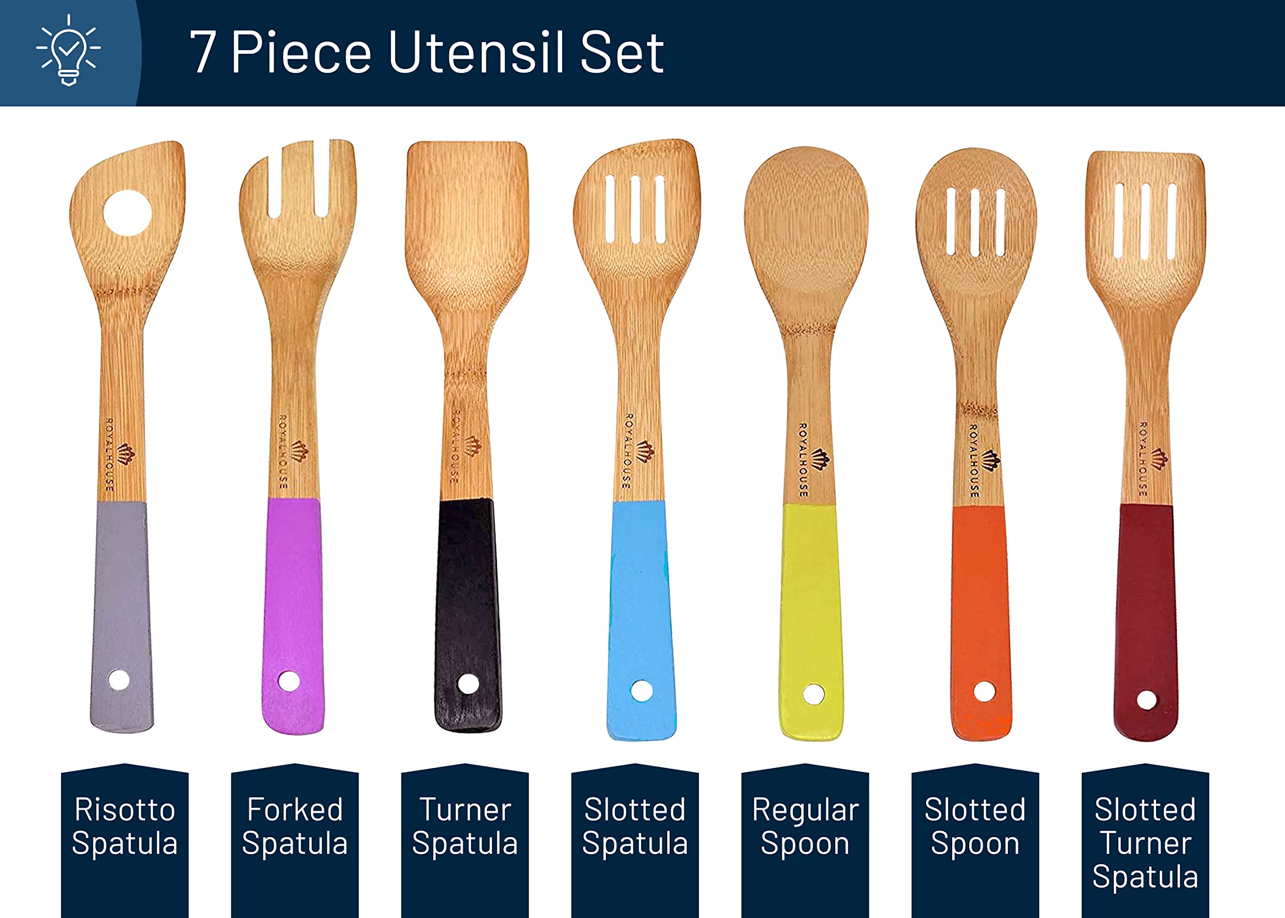 Royalhouse Wooden Kitchen Utensils Set, 7 Piece Bamboo Cooking Tools, Cooking Spoons And Spatulas With Colored Handles, Non-Stic