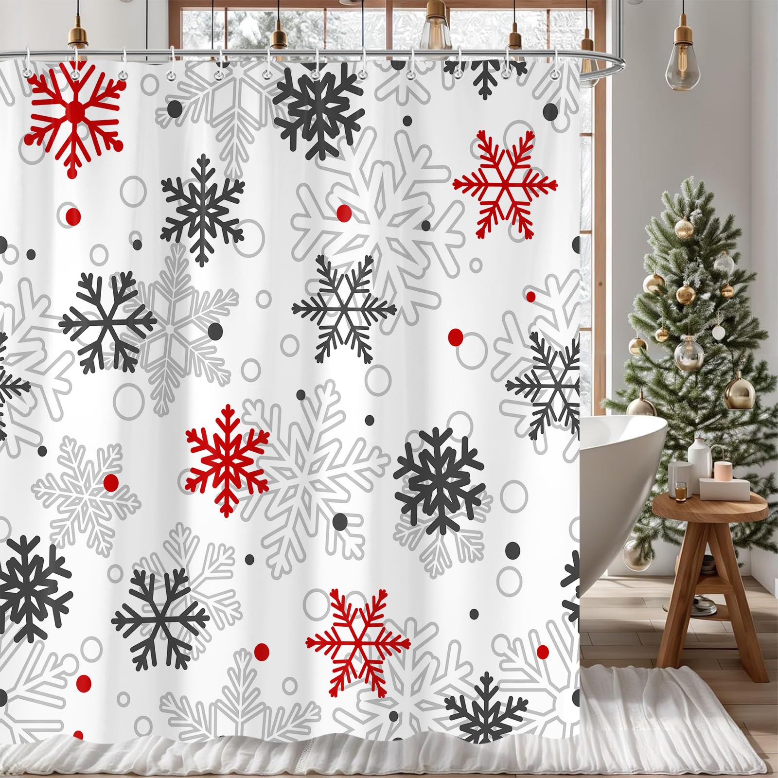 Paopoed Winter Snowflake Shower Curtain, Red Christmas Merry Xmas Funny Outside Hoilday Pattern Bathroom Decor, Waterproof Cloth