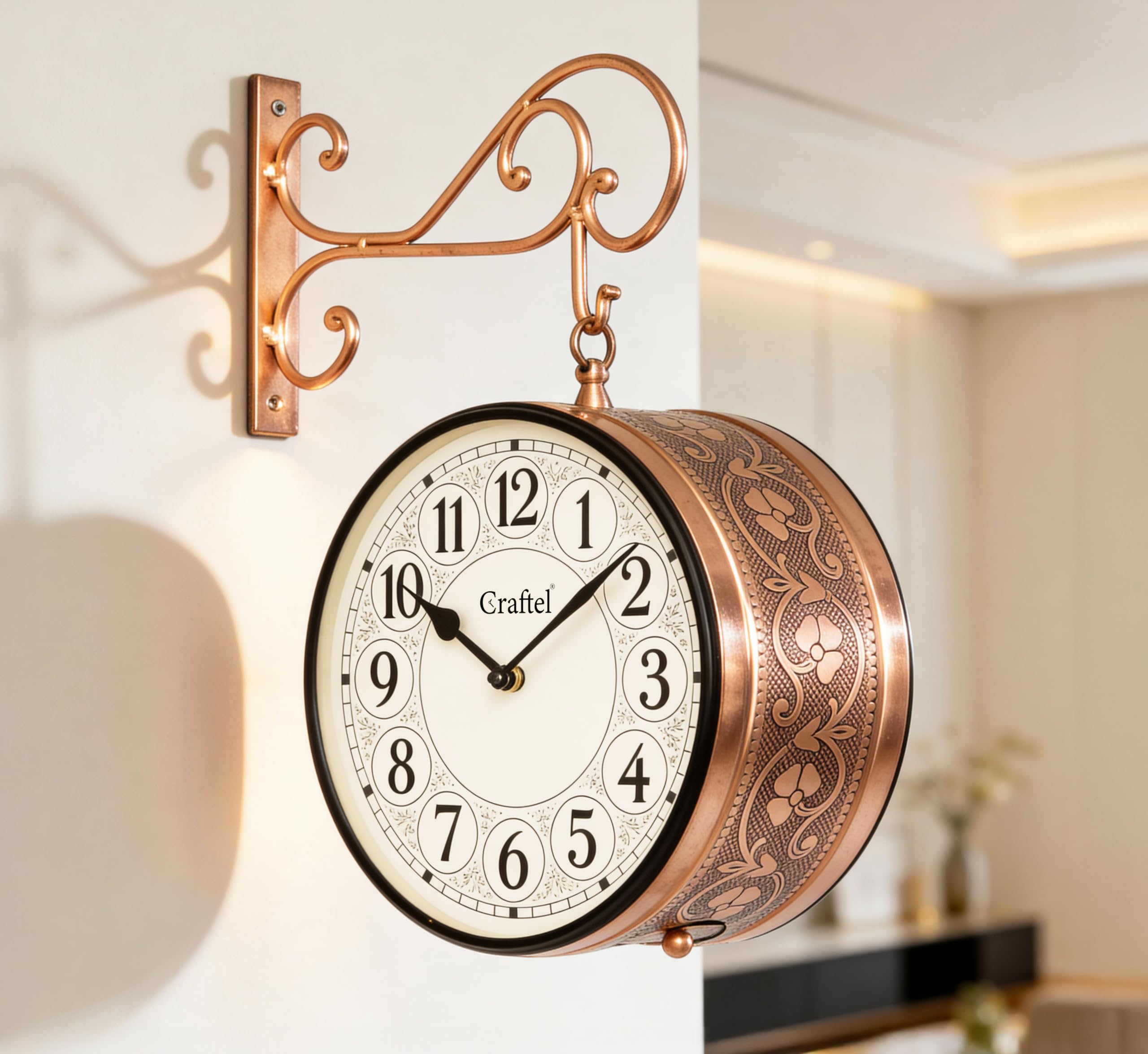 Craftel Metal Analog Double Sided Vintage Station Wall Clocks (One Side English Other Side Roman, Rose Gold - 8 Inches)