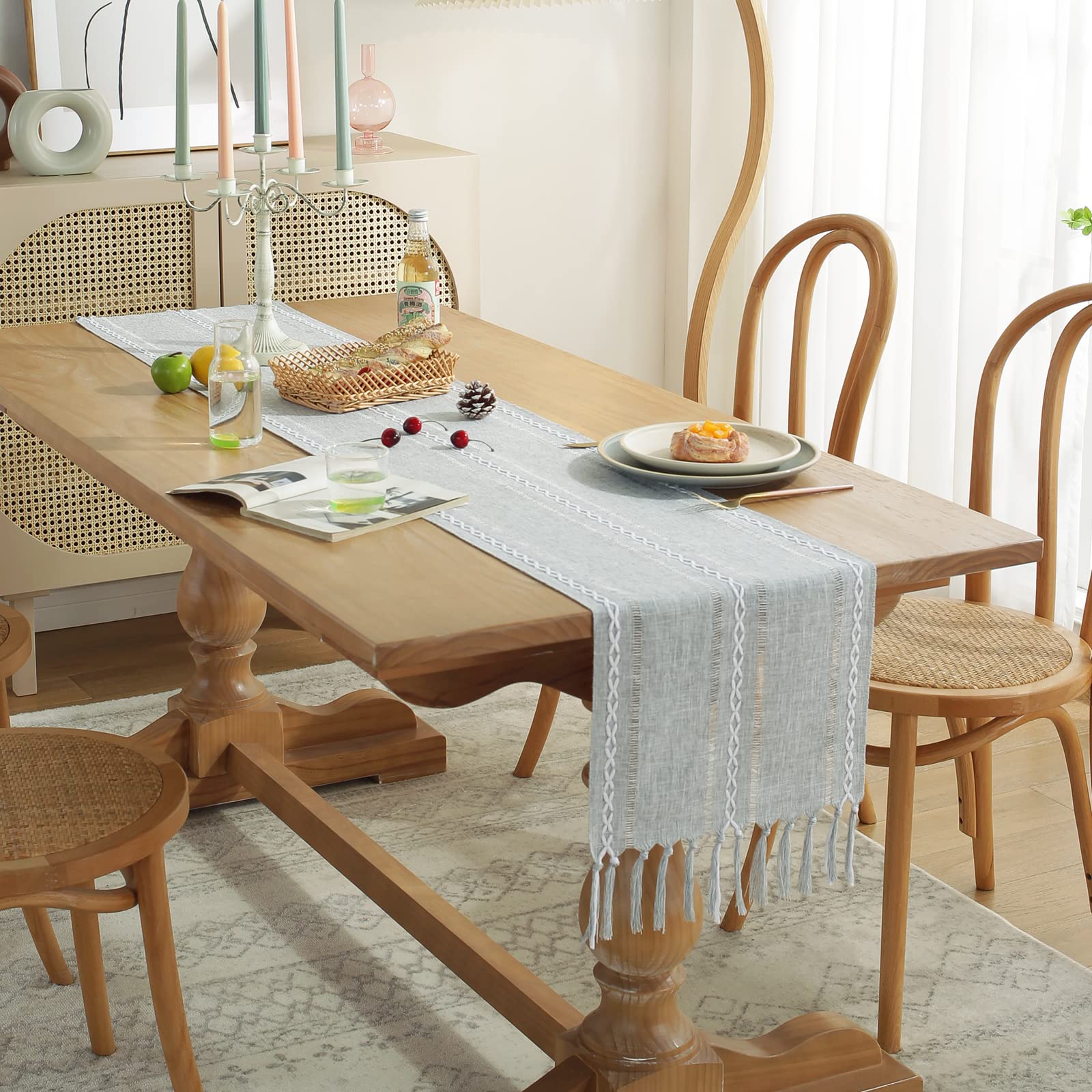 Wracra Rustic Hemstitch Table Runner, Linen Farmhouse Table Runners 90 Inches Long With Tassels For Dining Kitchen Coffee Table