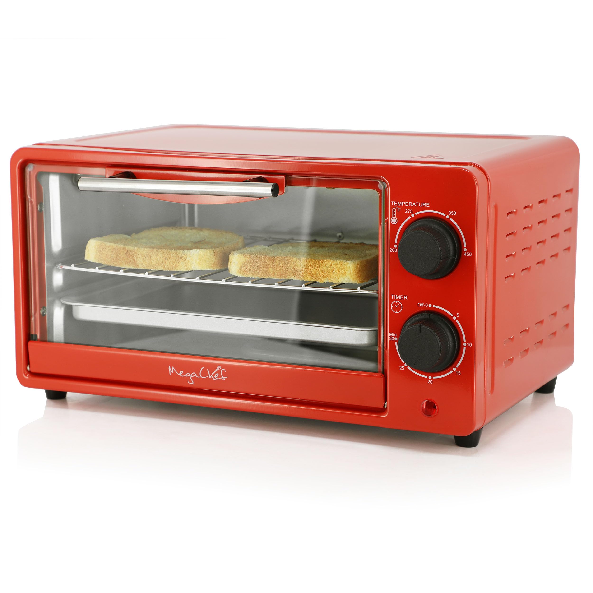 MegaChef 9.5 Quart Electric Counter Top 2 Slice Toaster Oven with Built in Timer, Bake, Broil, Toast (Candy Red)