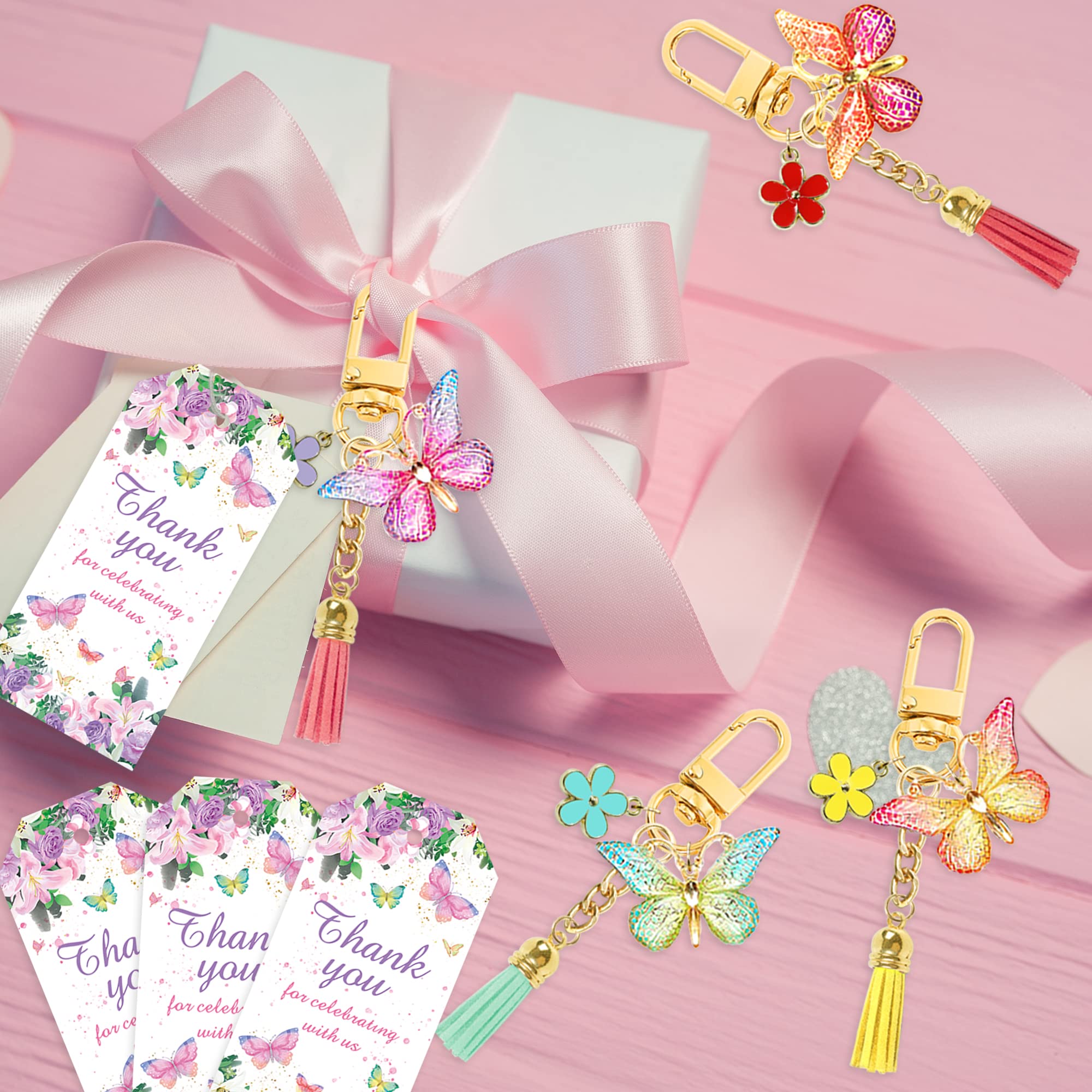 12 Sets Butterfly Party Favors Tassel Keychain Fairy Party Decorations With Laser Butterfly Flower Gauze Bag Thank You Cards For
