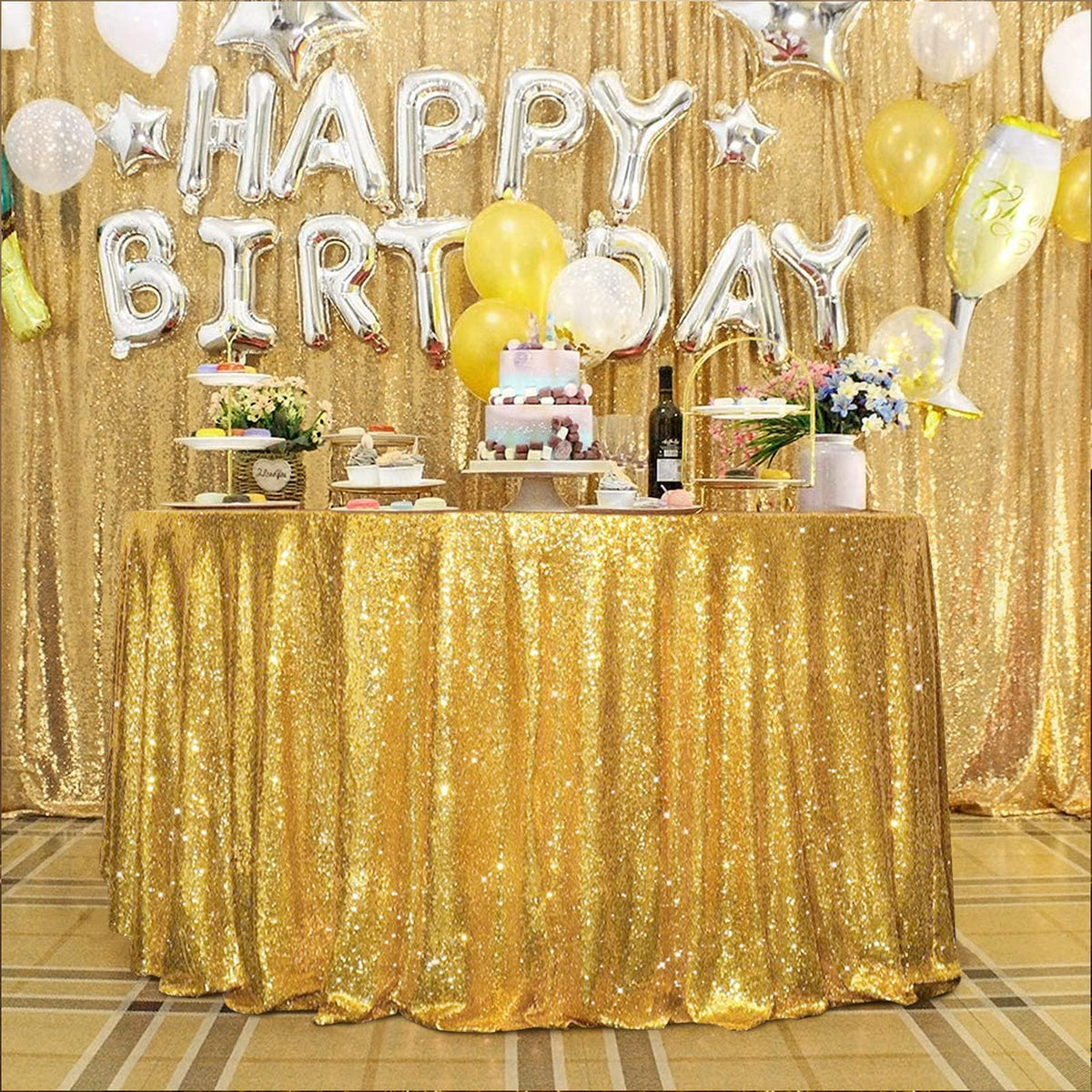 Jyflzq Gold Sequin Tablecloth 108 Round Sparkly Drape Table Cloths Table Cover Overlay For Wedding Birthday Party Baby Bridal Sh