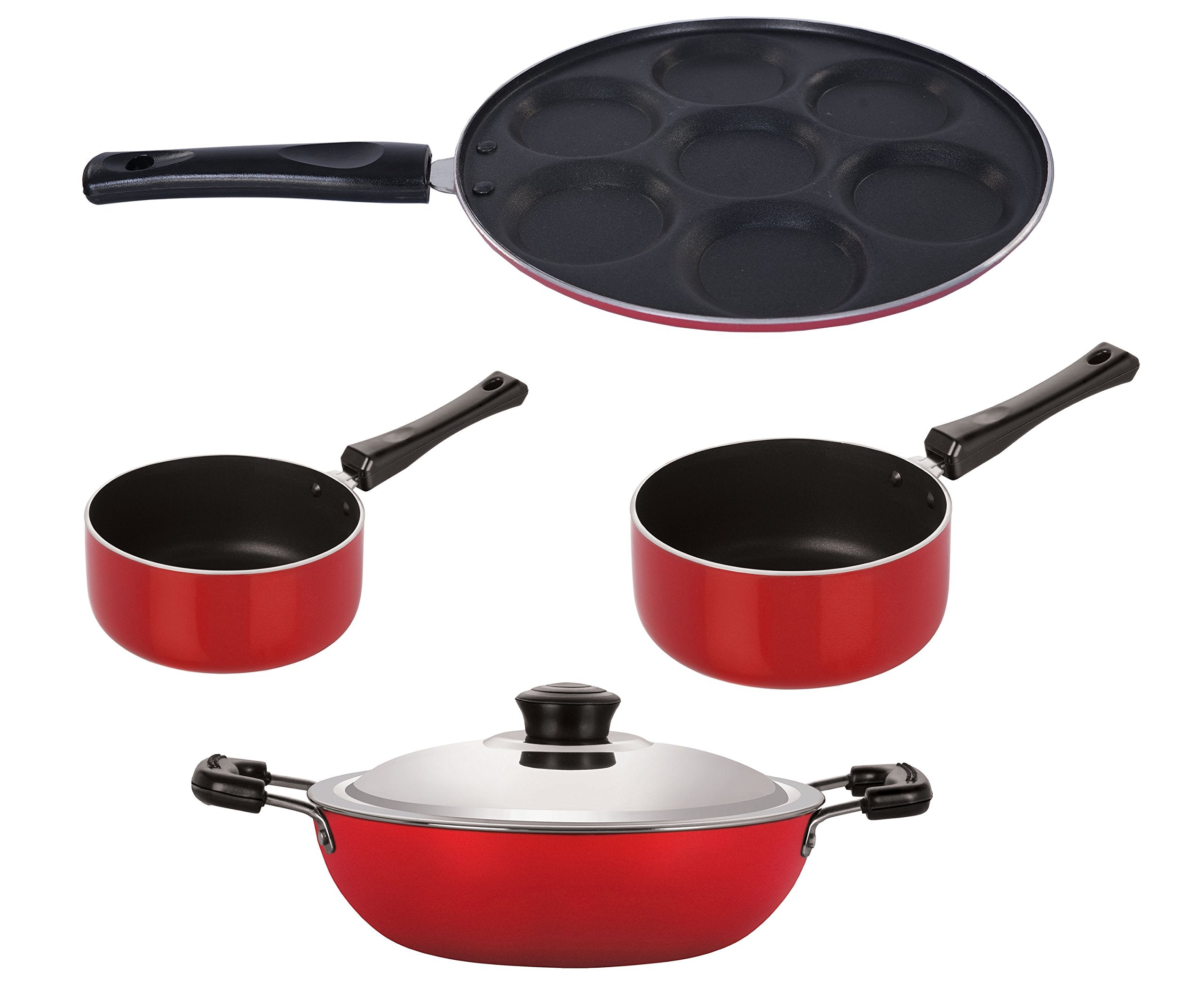 Nirlon NonStick Aluminum Cookware Set, 4Piece, Red And Black (Dkdm_Spm_Spb_Up7)