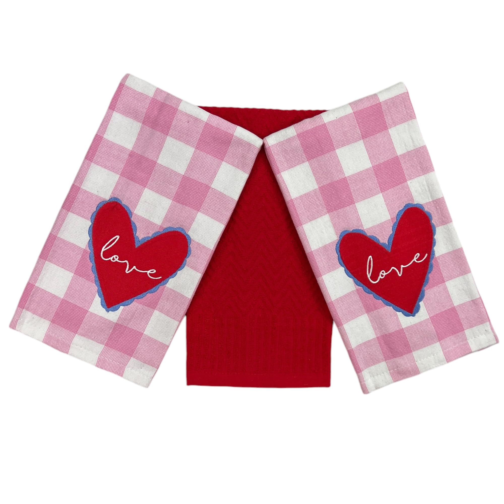 Serafina Home Valentine'S Day Love Hand Kitchen Dish Towels: Soft Absorbent Embroidered Gingham Pink Heart Love Design, 100% Cot