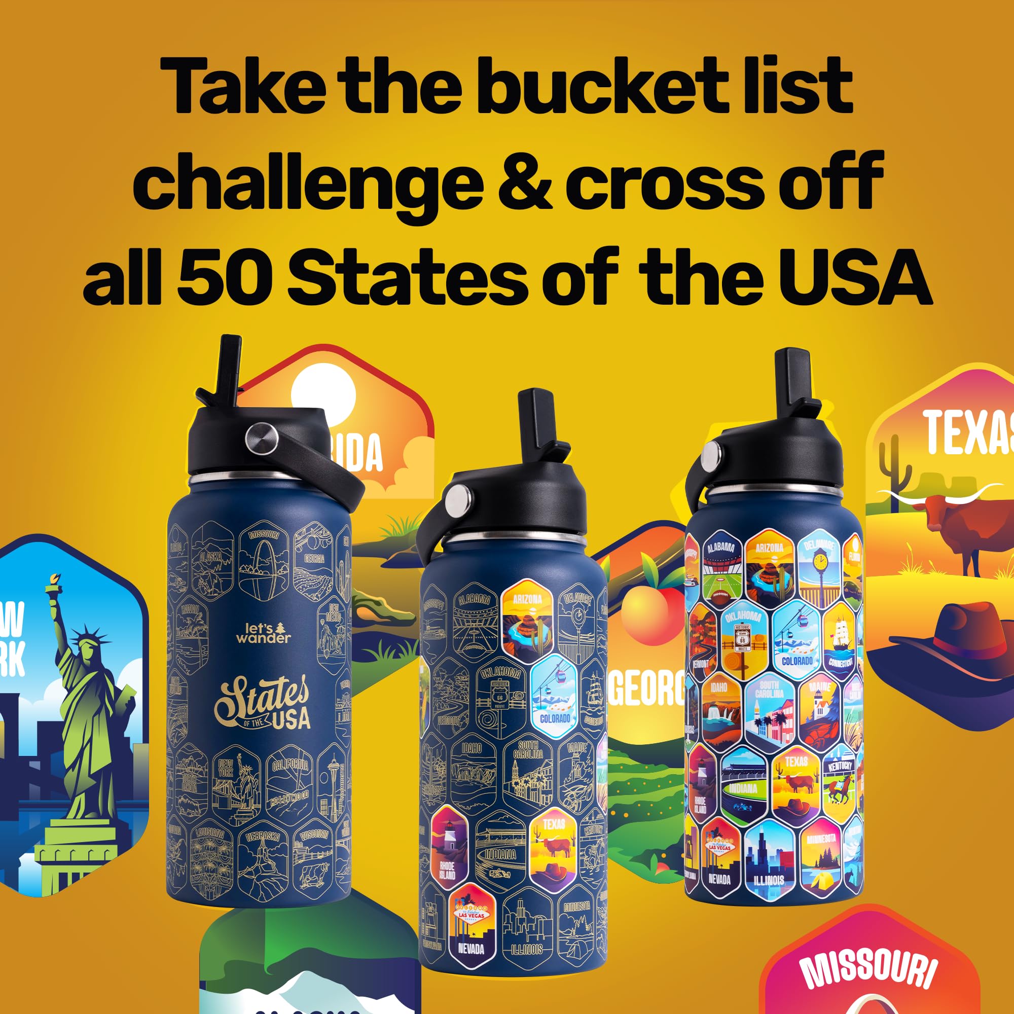LET S WANDER 50 States Water Bottle with Waterproof Stickers - 32oz Leakproof Insulated Stainless Steel with Straw - States of t