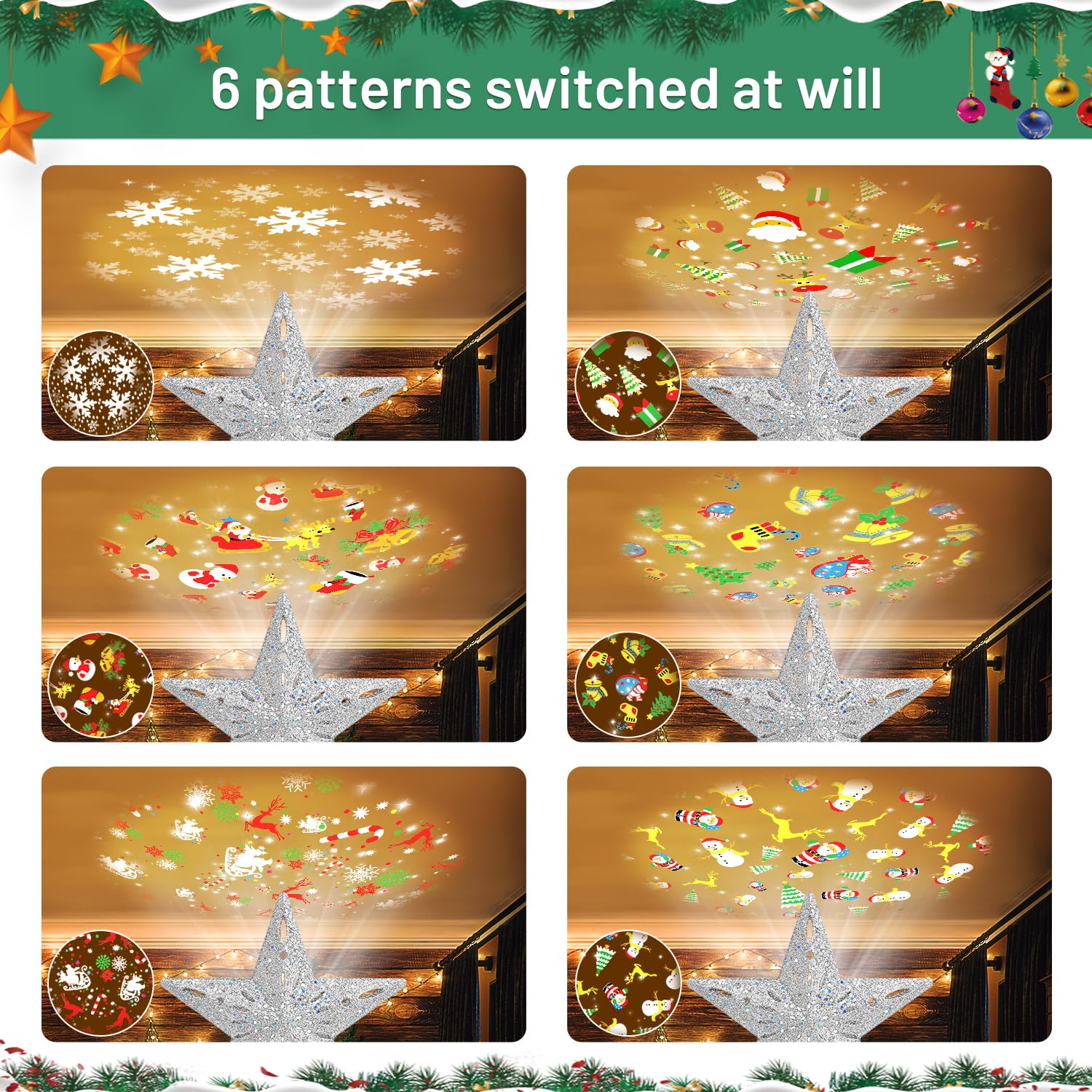 Mrrihand Christmas Tree Topper Lighted with 6 Projection Modes, Christmas Star Tree Topper Built-in LED Rotating Lights, Silver