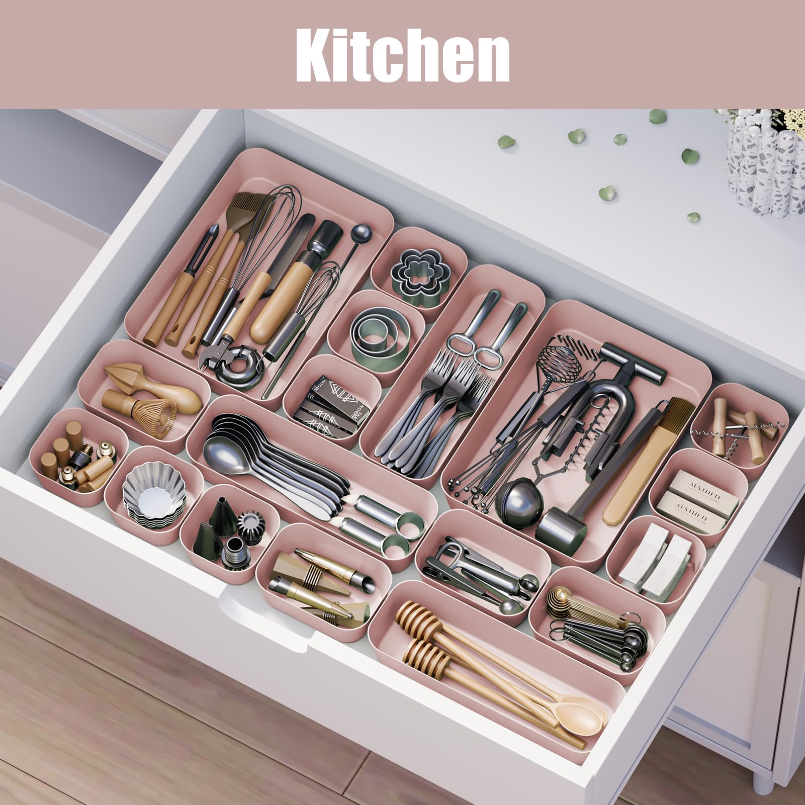 Homhut Plastic Drawer Organizers, 18 PCS Bathroom Drawer Organizer Bins, Desk and Vanity Organizer Plastic Tray, Makeup organize