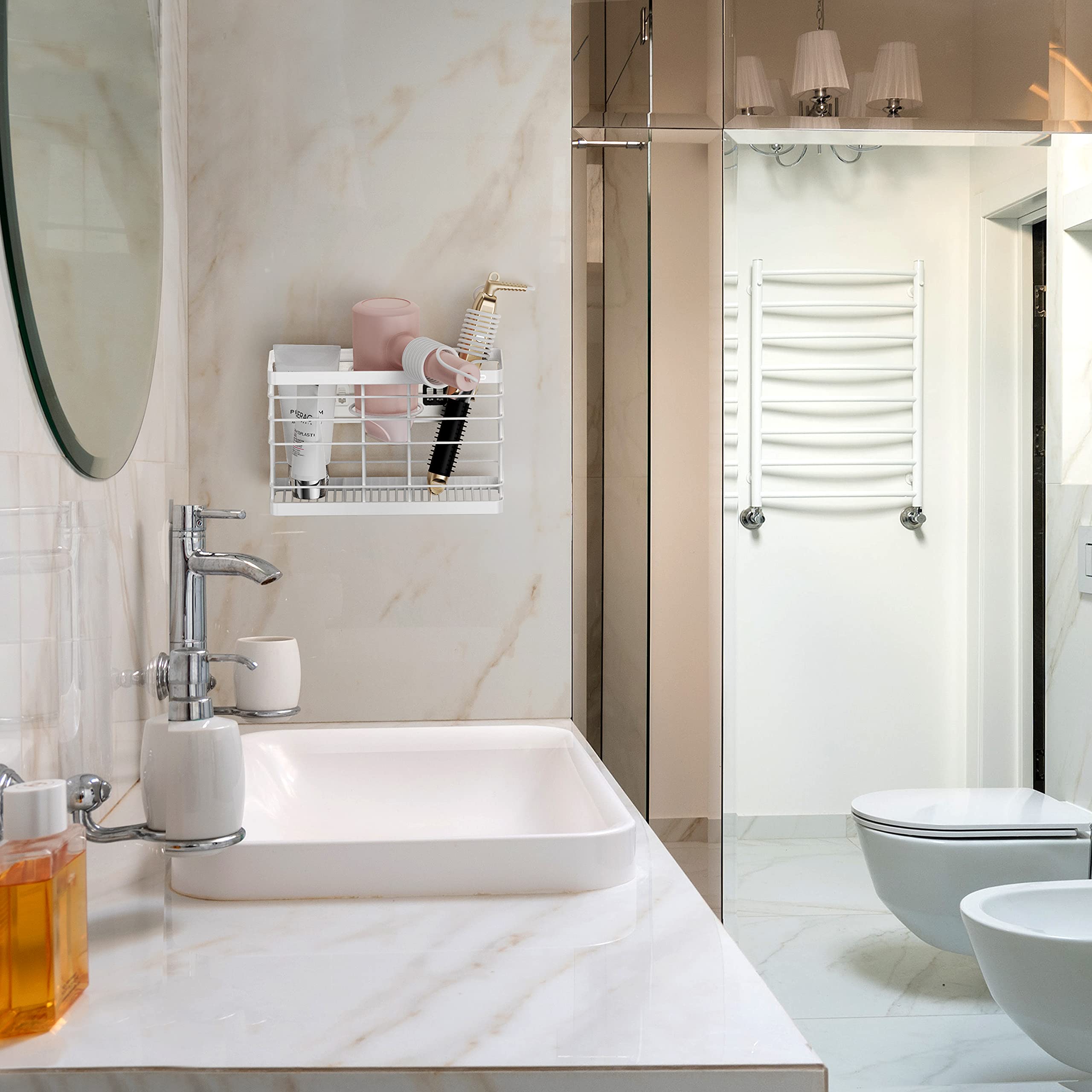 Vecallo Hair Tool Organizer - Wall Mount Stainless Steel Caddy, 10.62" x 6.69" x 4.33", Rustproof, White for Hair Dryers & Styling Tools