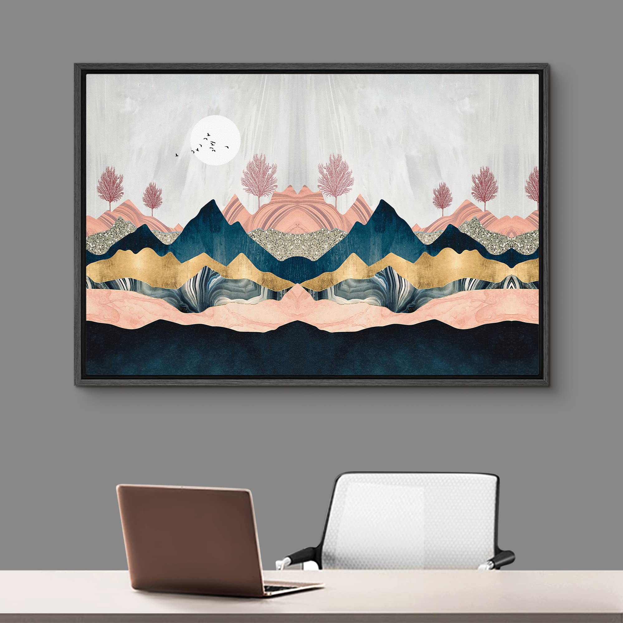 Signford Framed Canvas Print Wall Art Symmetrical Pink & Gold Marble Landscape Abstract Wilderness Illustrations Modern Art Rust