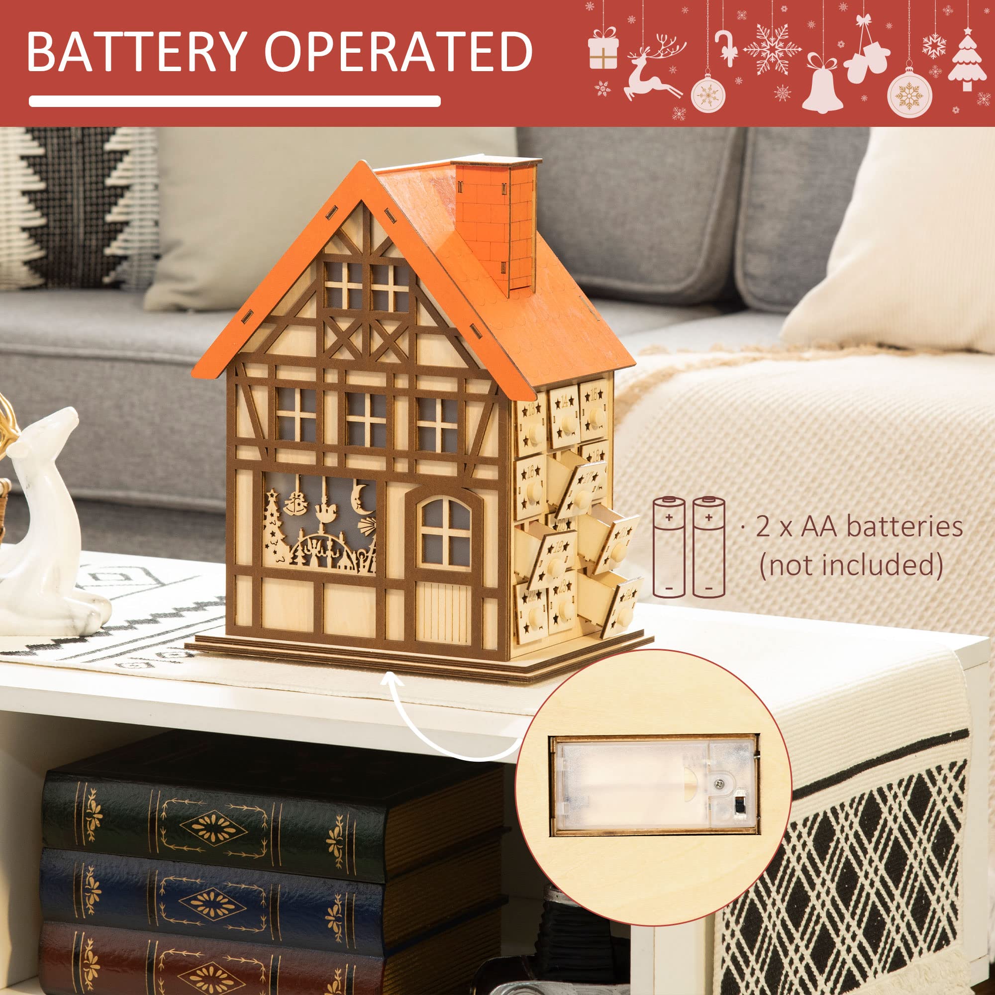 HOMCOM Wooden Christmas Advent Calendar House, Light Up Table Holiday Decoration with 24 Countdown Drawers and LED Lights, for K