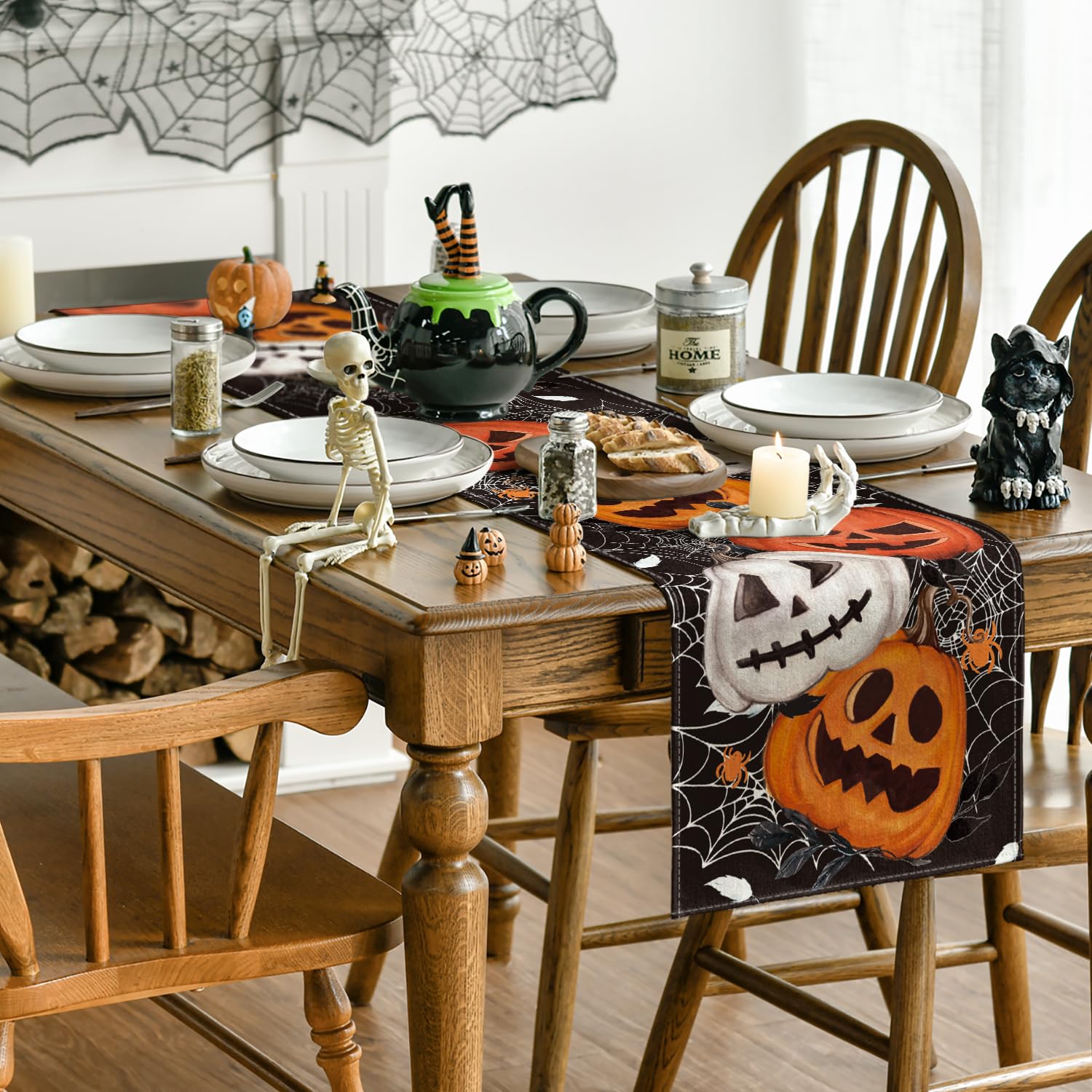 Artoid Mode Black Pumpkins Spider Web Leaves 2Pcs Halloween Table Runner, Seasonal Fall Kitchen Dining Table Decoration Home Par