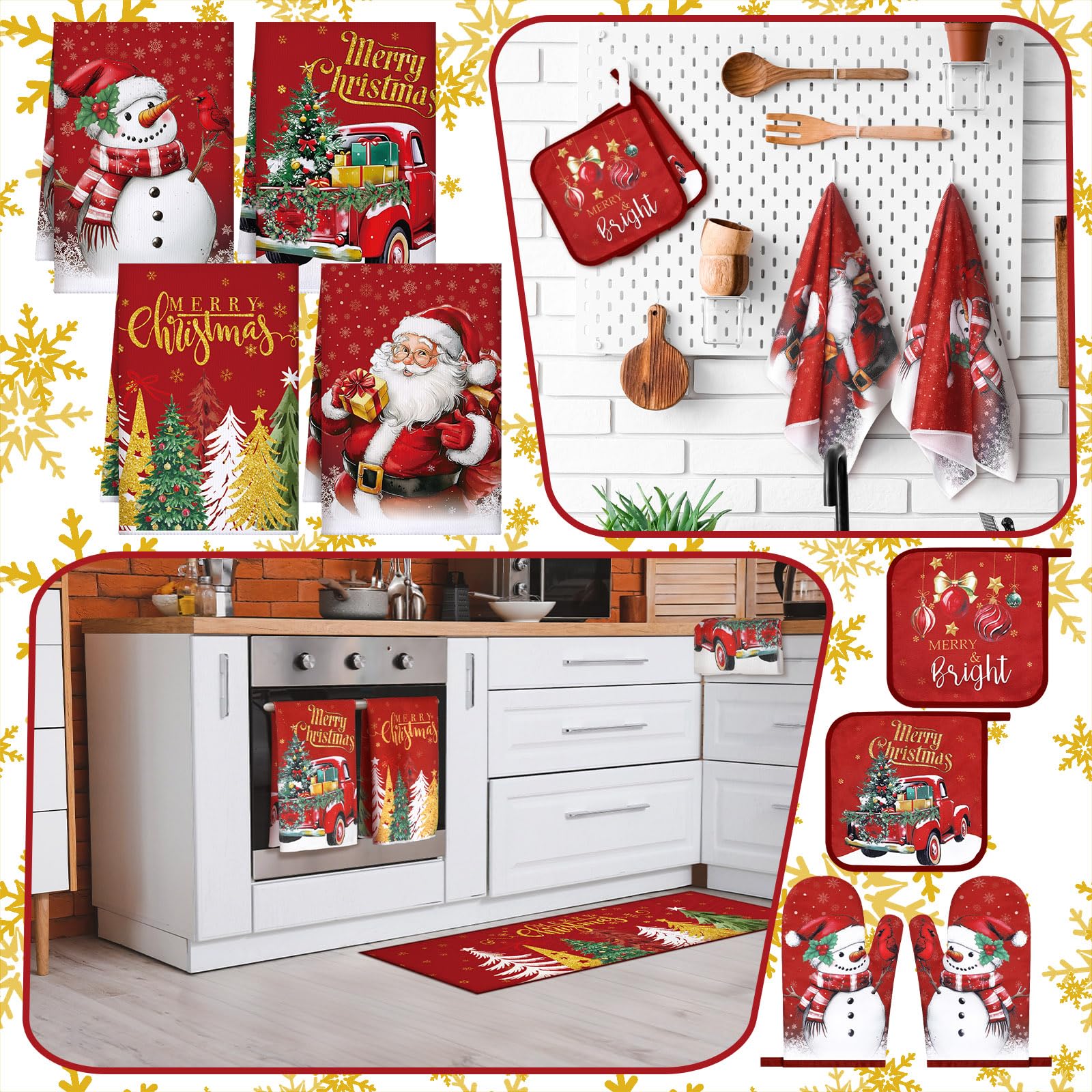 Fourluoo 10 Pcs Christmas Kitchen Decor Set Christmas Oven Mitts and Pot Holders Set Xmas Kitchen Dish Towels Santa Rugs and Mat