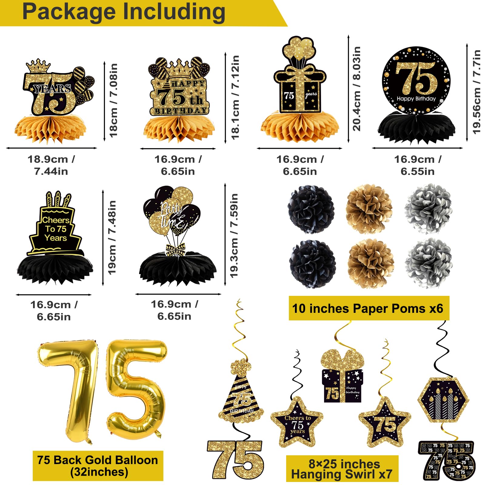 75Th Birthday Decorations For Men Women,24Pcs 1950 Banner Decorations,Including Banner,6 Honeycomb Topper,75 Balloons,Anniversar