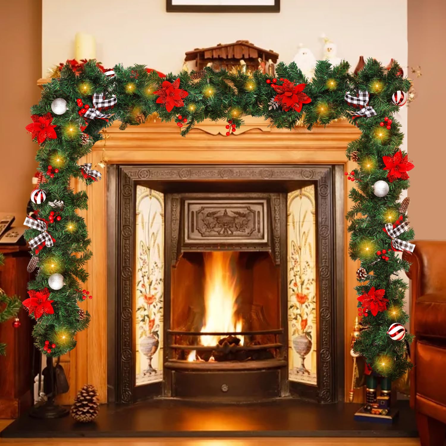 Christmas Garland with Lights,Pre-lit 9ft Christmas Decorations with 50 LED Lights,with Waterproof Battery Box,Indoor&Outdoor Us