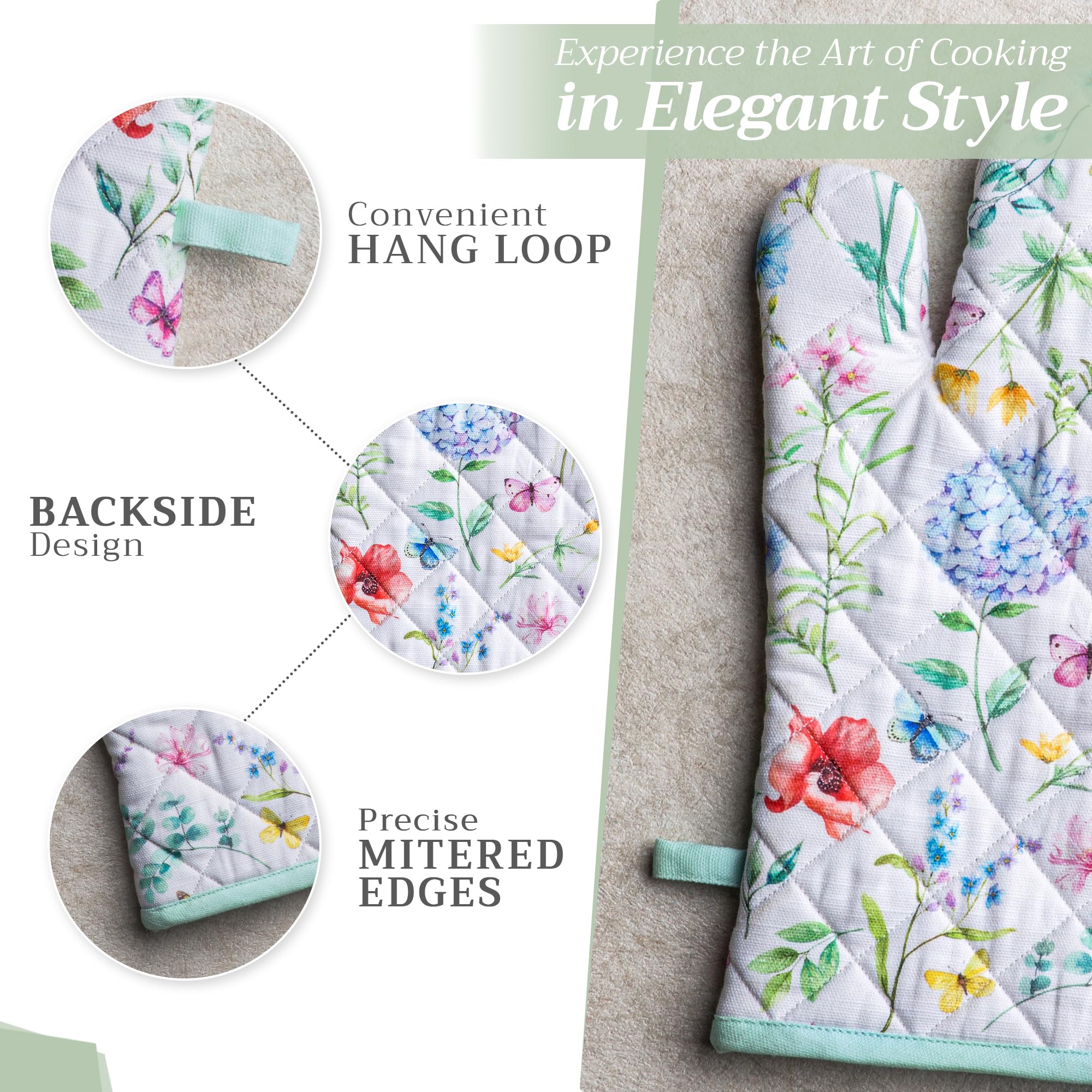 Maison d' Hermine Oven Mitt + Pot Holder 100% Cotton Heat Resistant Kitchen Oven Mitt (7.5''x13'') & Pot Holder (8''x8'') for Gifts  Chef  Cooking  BBQ Baking  Just Floral - Spring/Summer