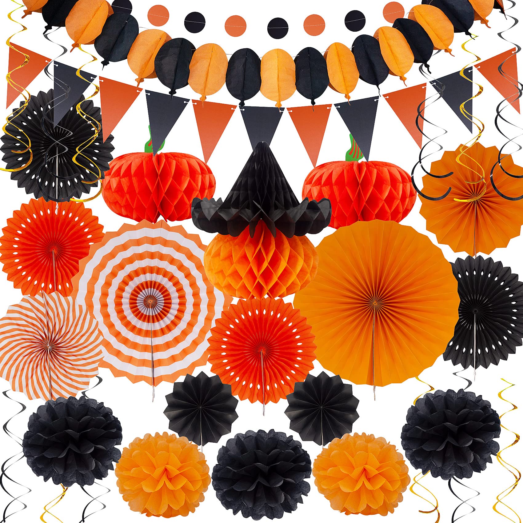 Halloween Party Decoration Festival Set - Huryfox 33Pcs Birthday Bunting Decorations Paper Pom Poms Supplies Garland Hanging Hon