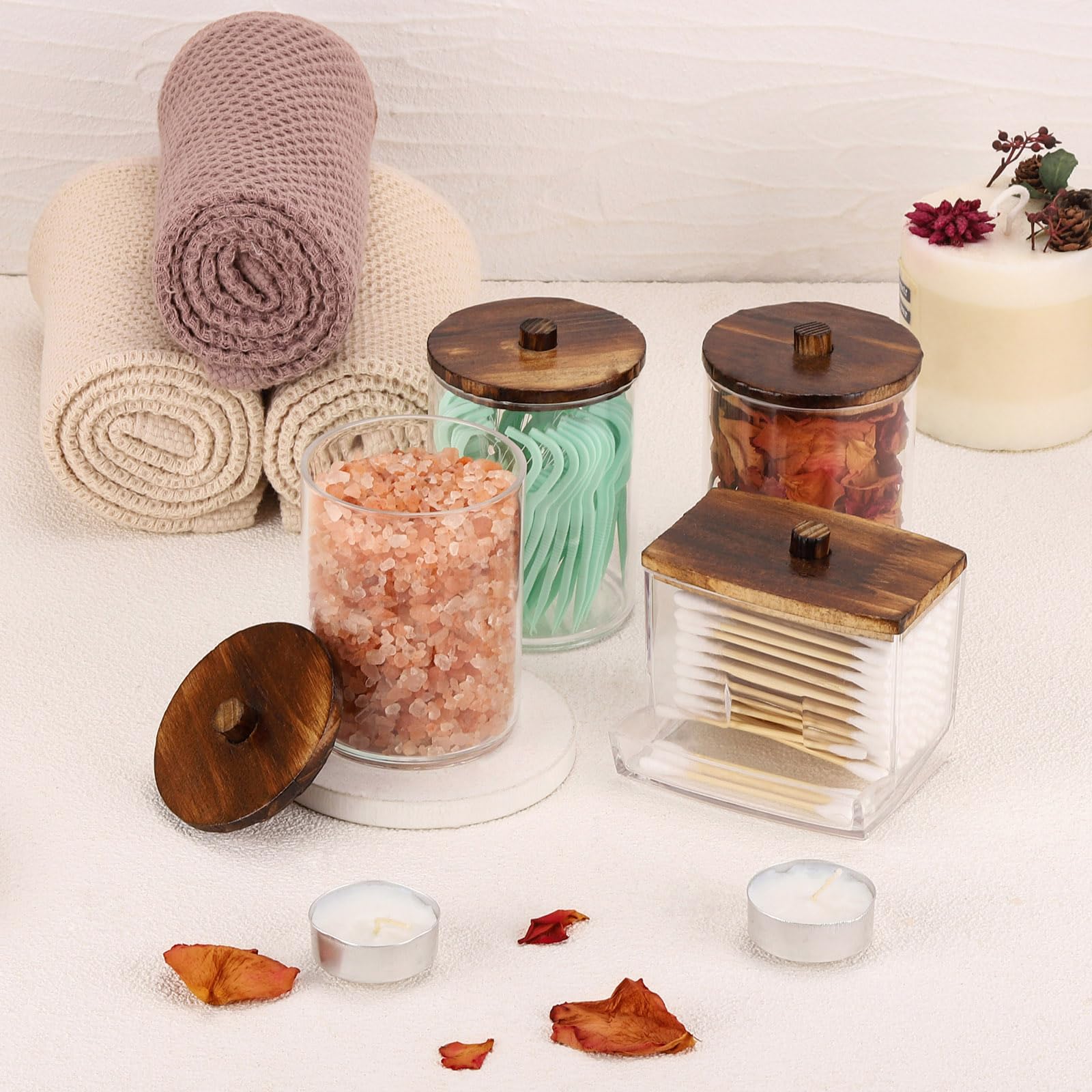 Tbestmax 4 Pack Qtip Holder Bathroom Container  10/7oz Cotton Ball/Swabs Dispenser  Apothecary Jar with Bamboo Lids for Organizer and Storage (Brown)