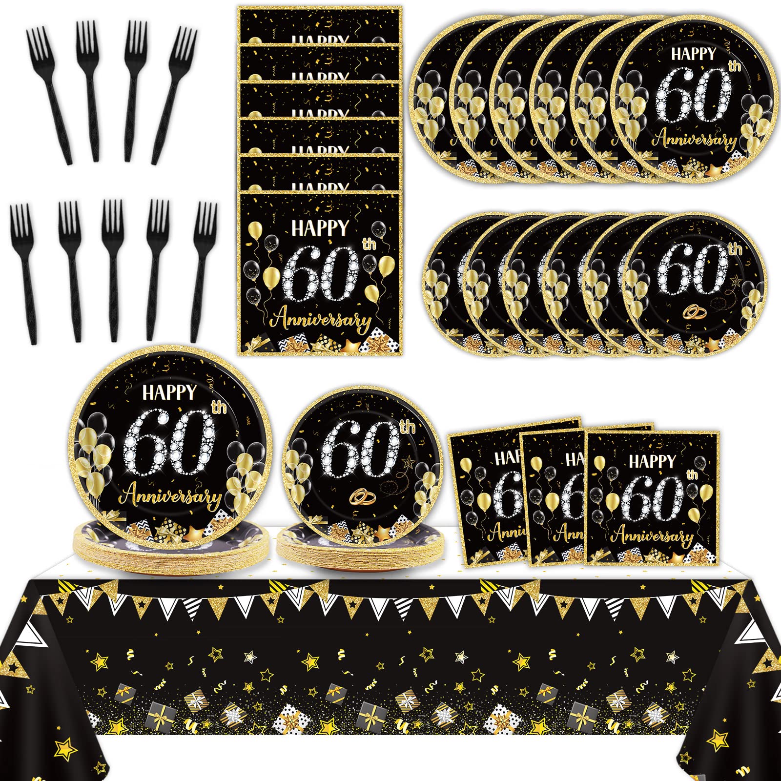 24 Guests 60Th Wedding Anniversary Party Decorations Supplies, Gold Black Tablecloth Plates Napkins Forks Set For 60Th Wedding A