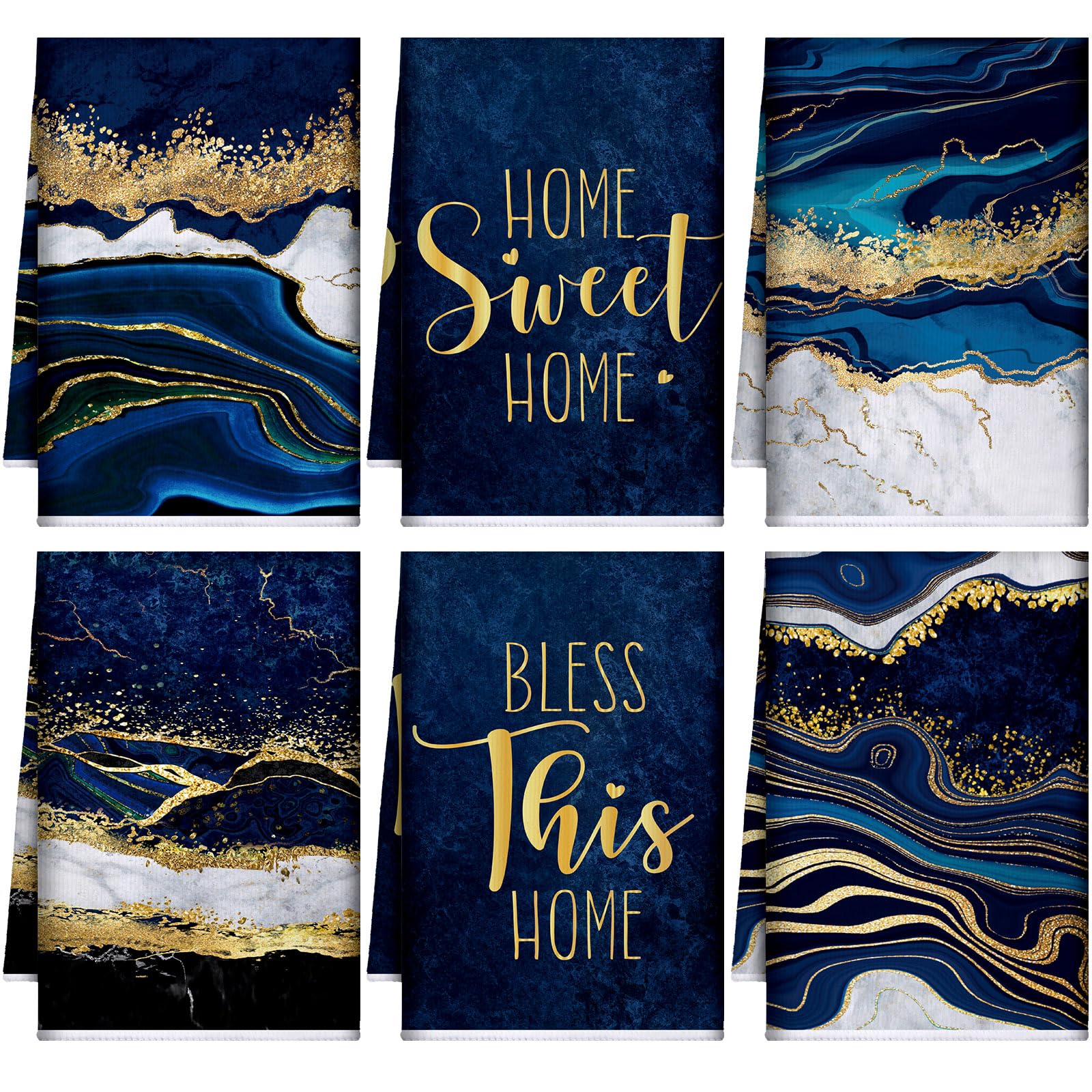 Bencailor 6 Pcs Halloween Skull Kitchen Towels Turquoise Navy Dish Towels Blue Gold Marble Tea Towels Gothic Skeleton Chef Hand