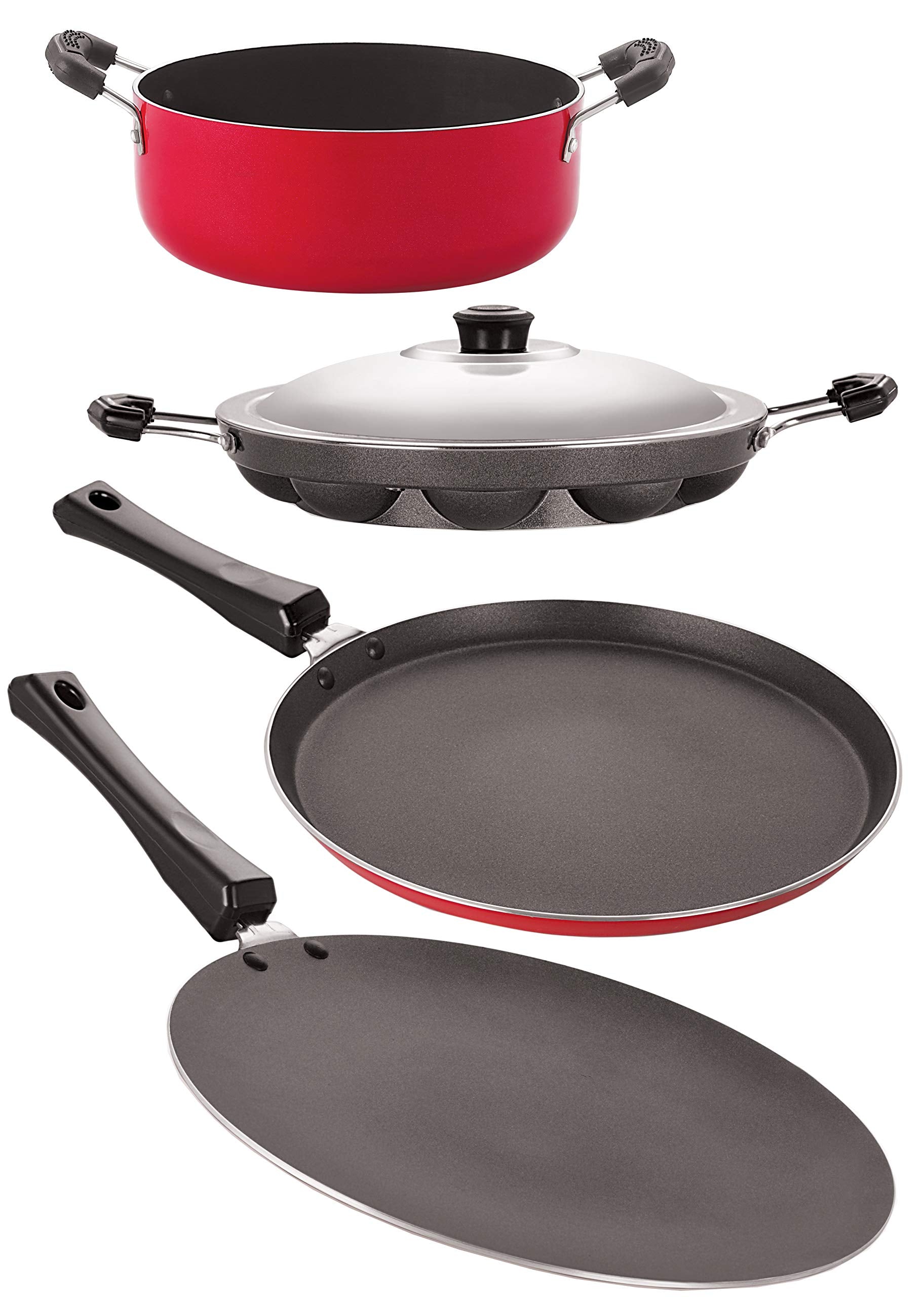 Nirlon NonStick Aluminum Cookware Set, 4Piece, Red And Black (26_Ct_Appam_Ft11_Cass22)