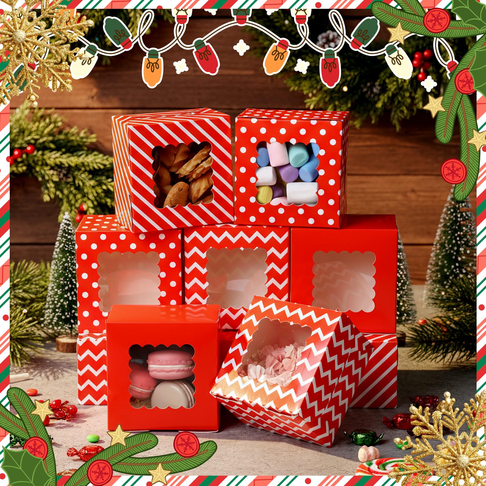Humyoun 100 Pcs Christmas Cookie Boxes for Gift Giving 4 x 4 x 2.5 Inch Small Red and White Bakery Treat Boxes with Window for X