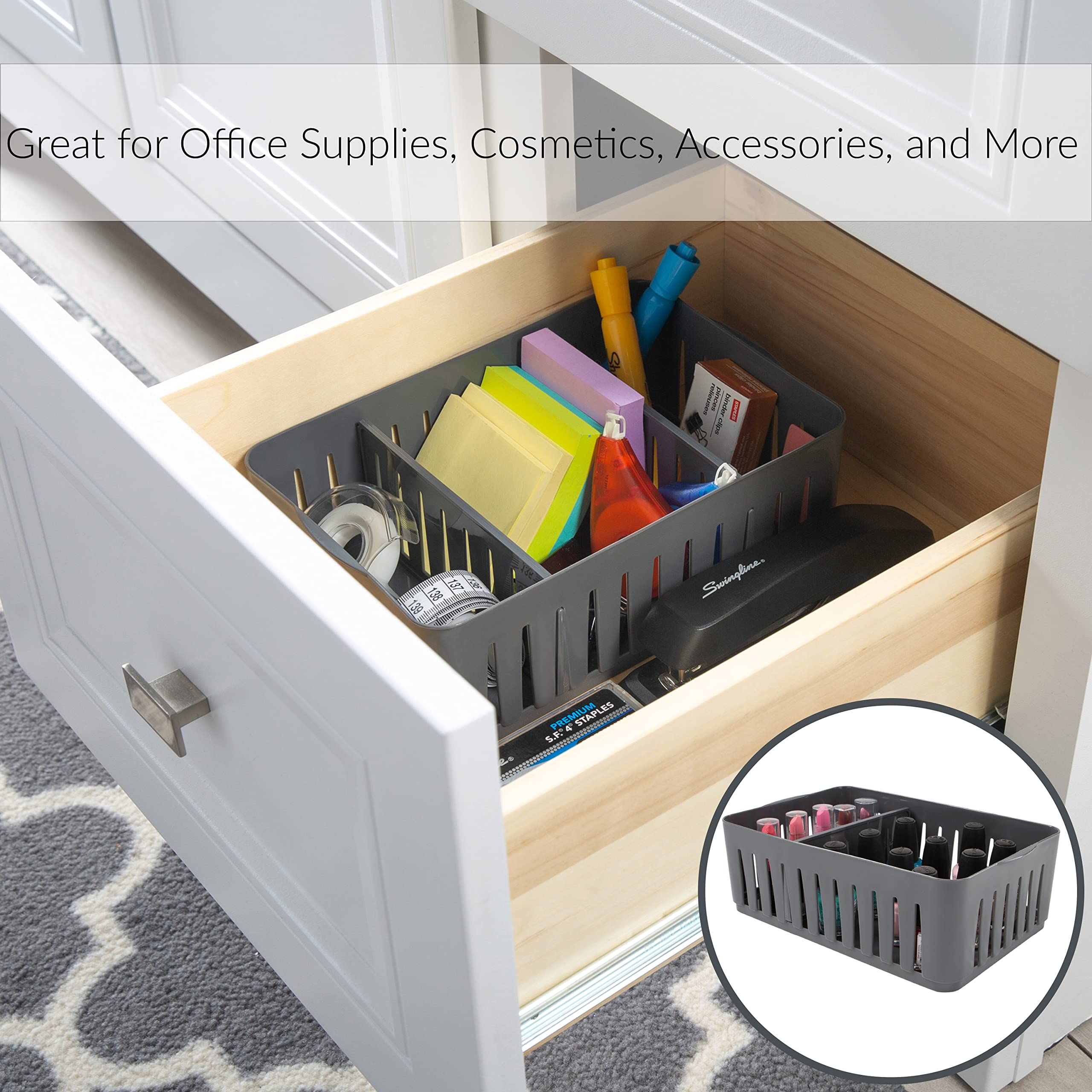 Simplify 4 Pack 3 Compartment Stackable Bin with Adjustable Dividers | Drawer Organizer | Storage Basket | Good for Office | Des