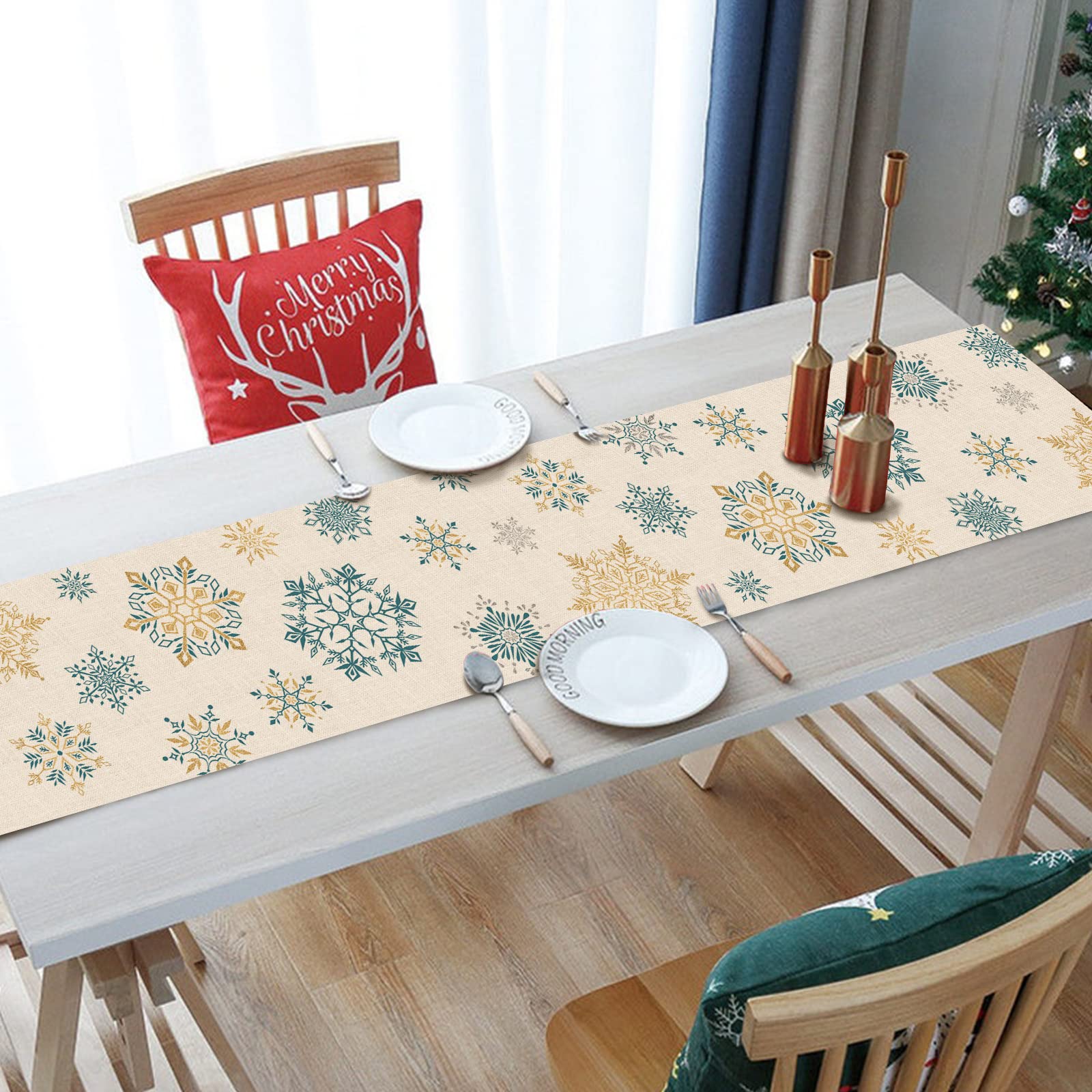 Seliem Winter Snowflakes Table Runner, Gold Blue Tabletop Scarf Home Kitchen Christmas Holiday Decor Sign, Seasonal Farmhouse Ru