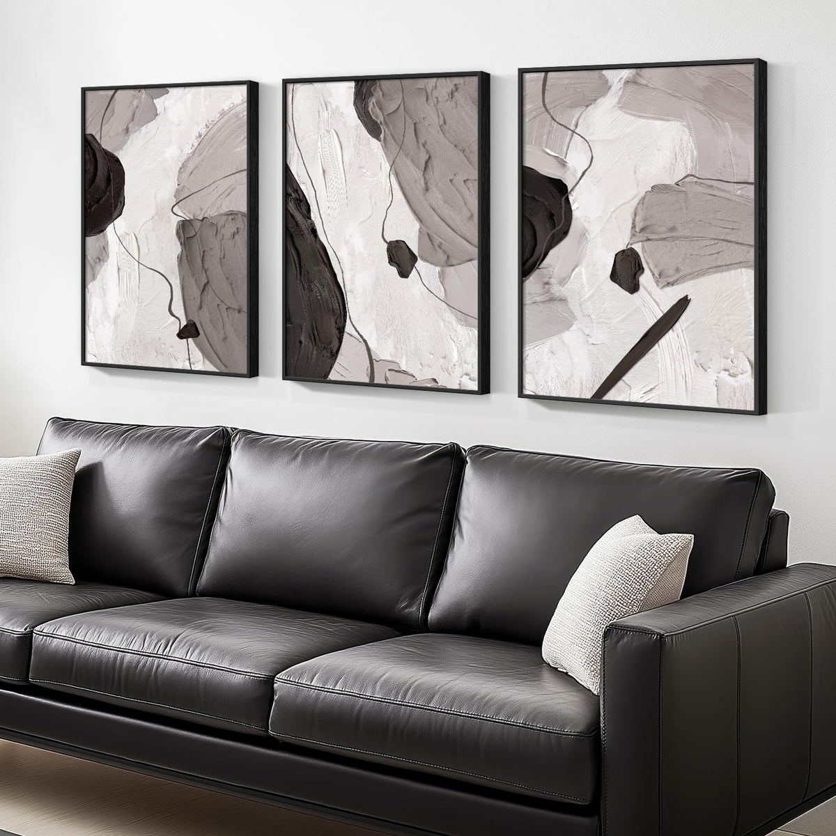 Large Framed Black And White Gray Abstract Canvas Wall Art, Set Of 3 Piece Contemporary Paintings Artwork For Walls, Modern Mini