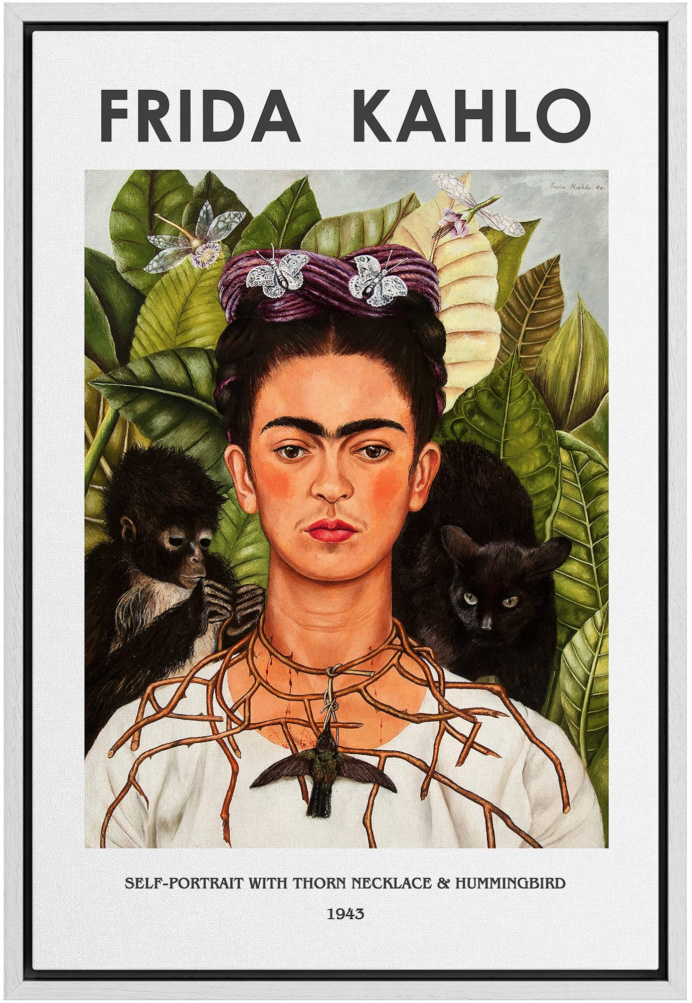 Idea4Wall Framed Canvas Print Wall Art Self Portrait Necklace & Hummingbird By Frida Kahlo Historic Cultural Illustrations Fine