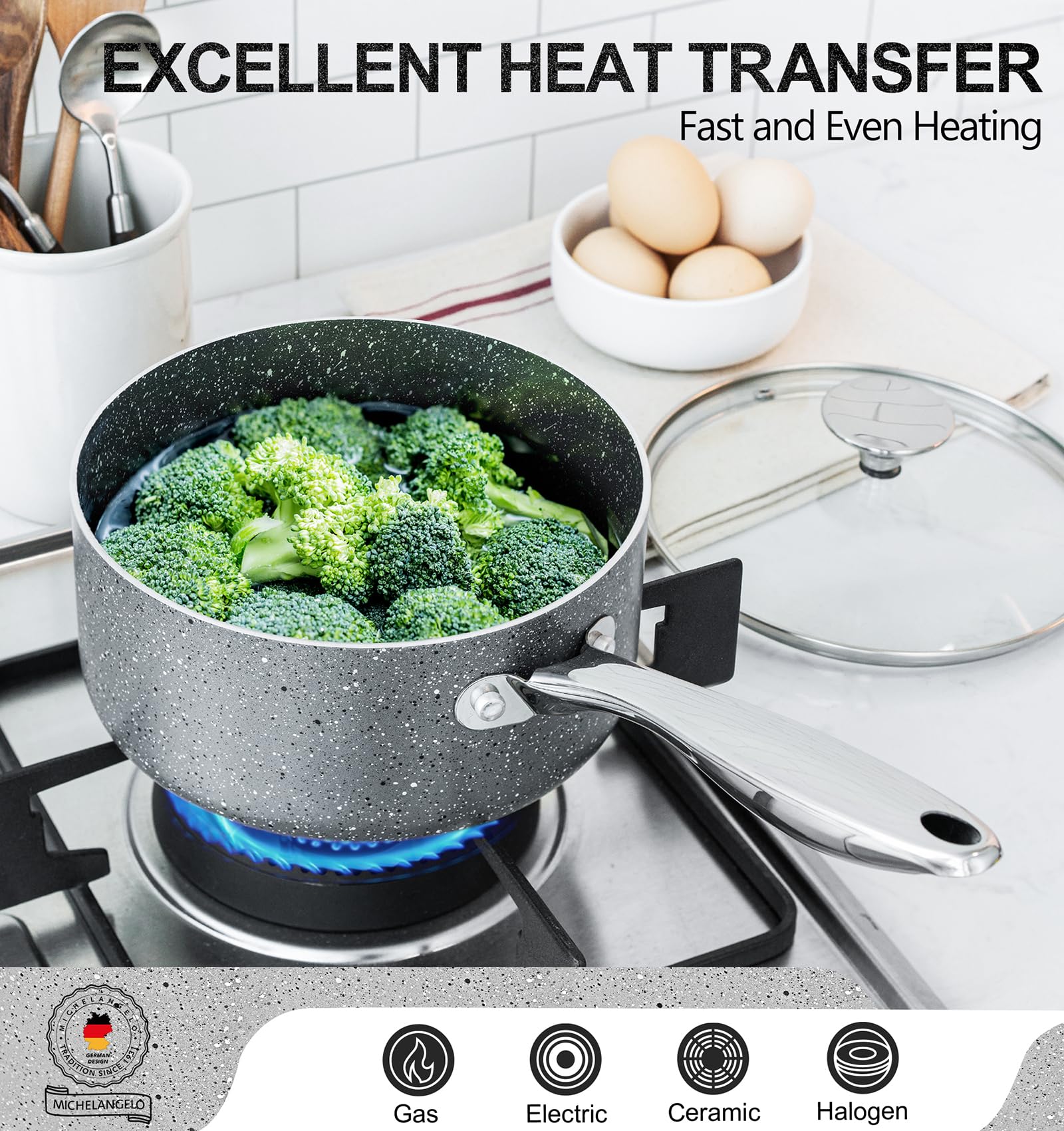Michelangelo Sauce Pan With Lid, 1 Quart Saucepan With Lid Granite, Non Stick Sauce Pan With Stainless Steel Handle, 1 Qt Saucep