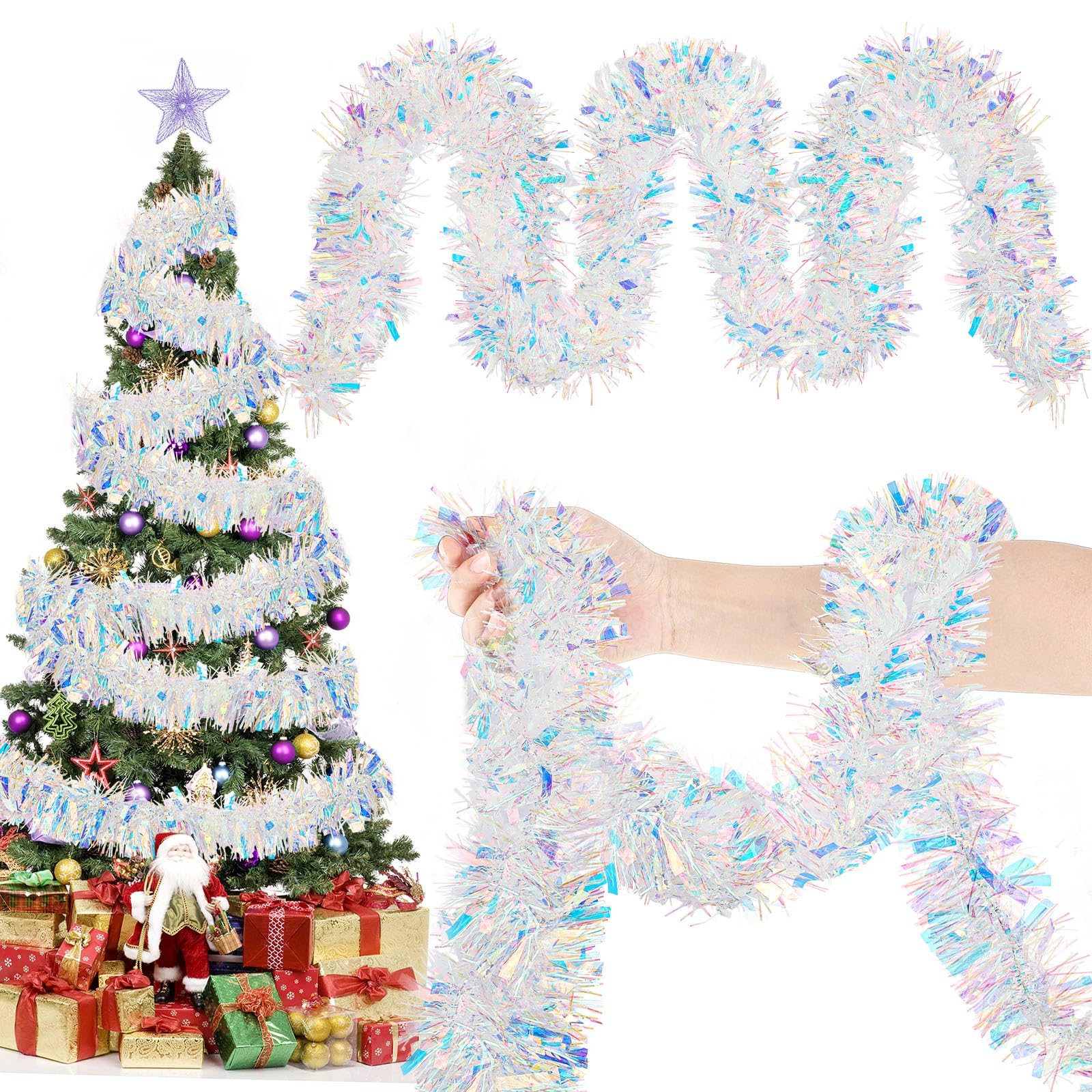 Yuxung 49.2 ft Christmas Tinsel Garland Iridescent White Metallic Garland Light Glittering Decoration for Valentine Birthday Wed