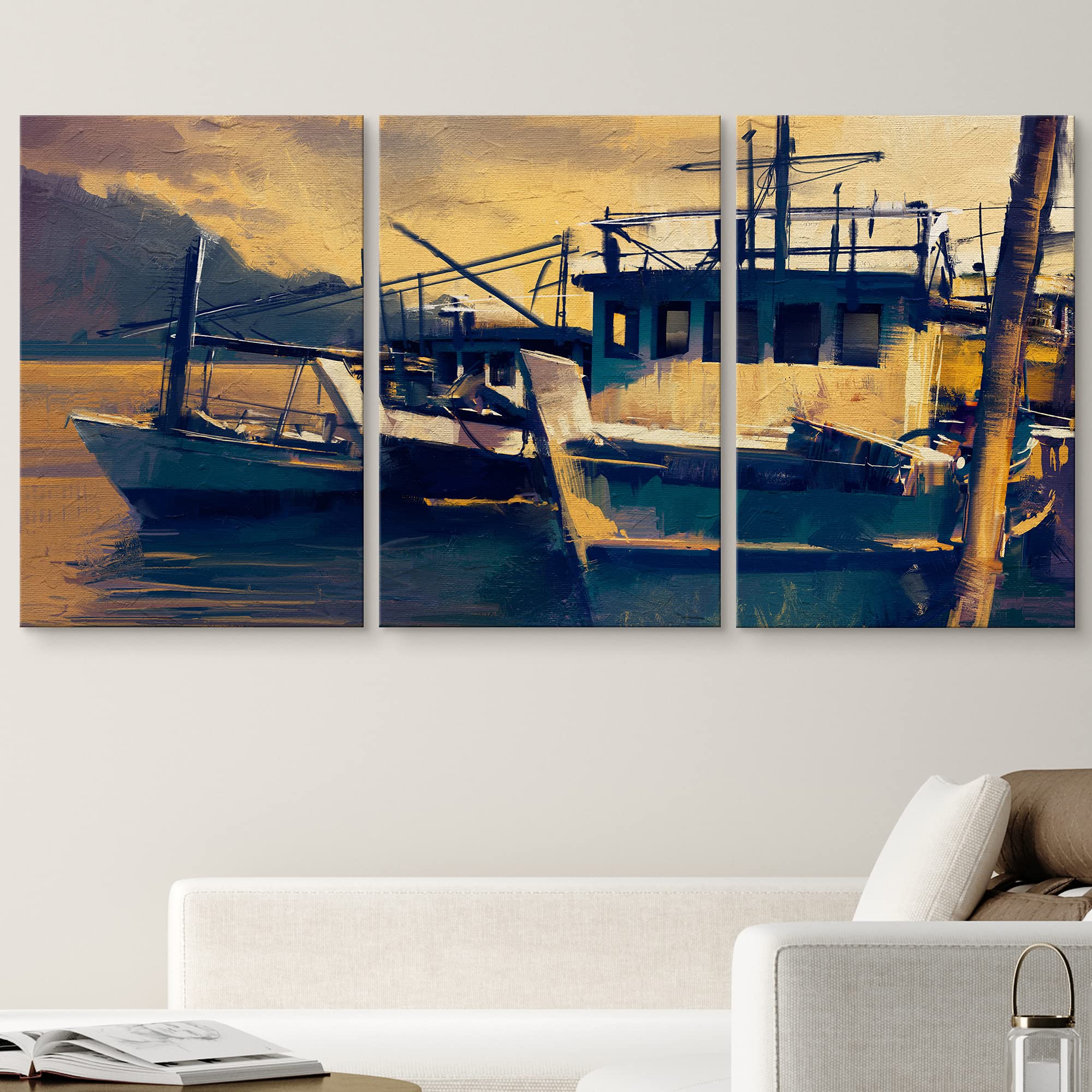 Wall26 Canvas Print Wall Art Set Boat In The Harbor At Sunset Nature Ocean Illustrations Realism Rustic Landscape Colorful Multi