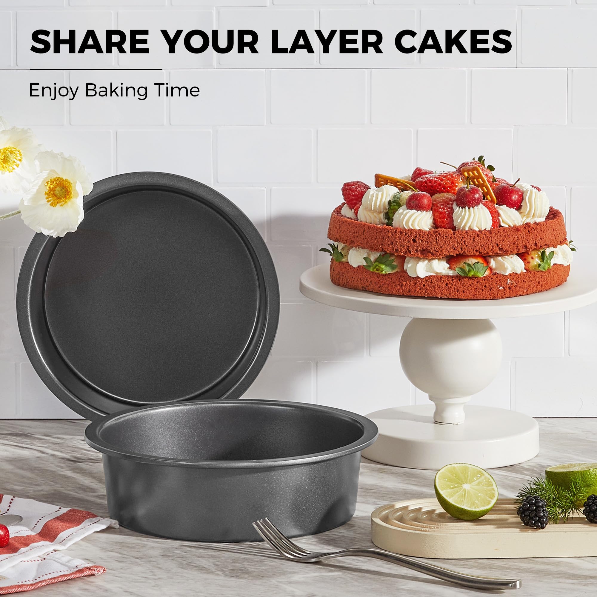 Hongbake Round Cake Pan Set For Baking, 8 Inch, Nonstick Deeper Circle Cake Pans With Wider Grips, 2 Pieces Layer Cake Tin, Chee